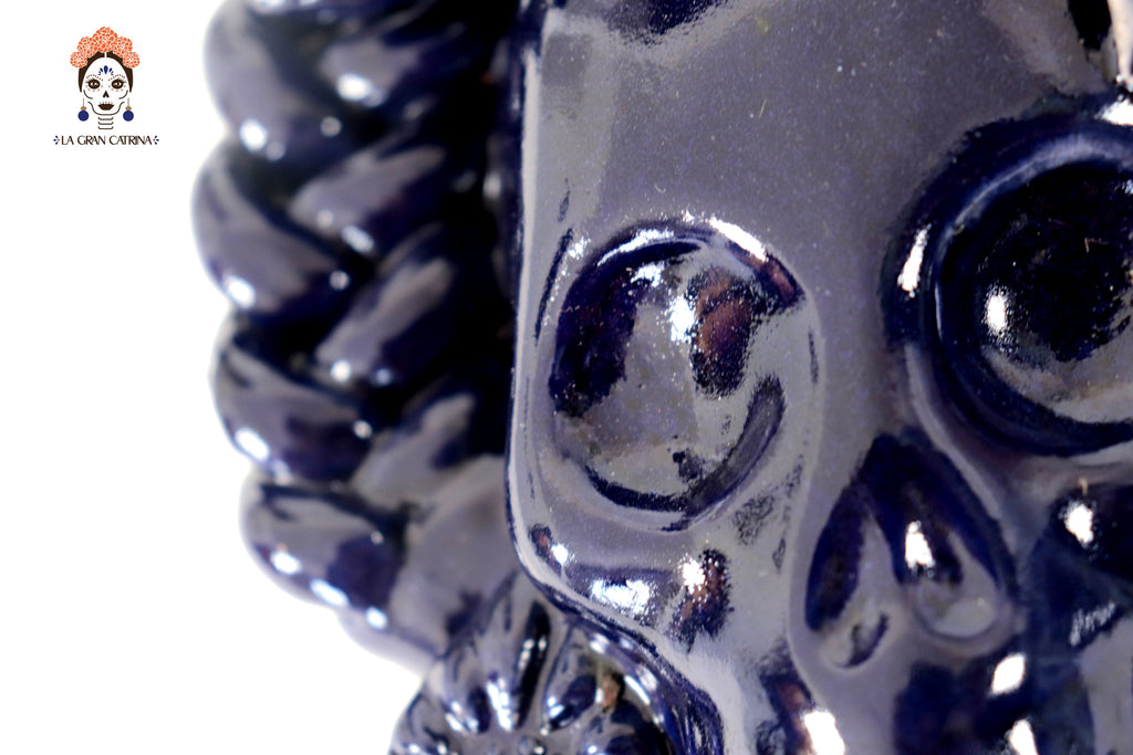 Skull Glazed Clay Blue with Flowers and Trenza II - 7.6 in. Tiru