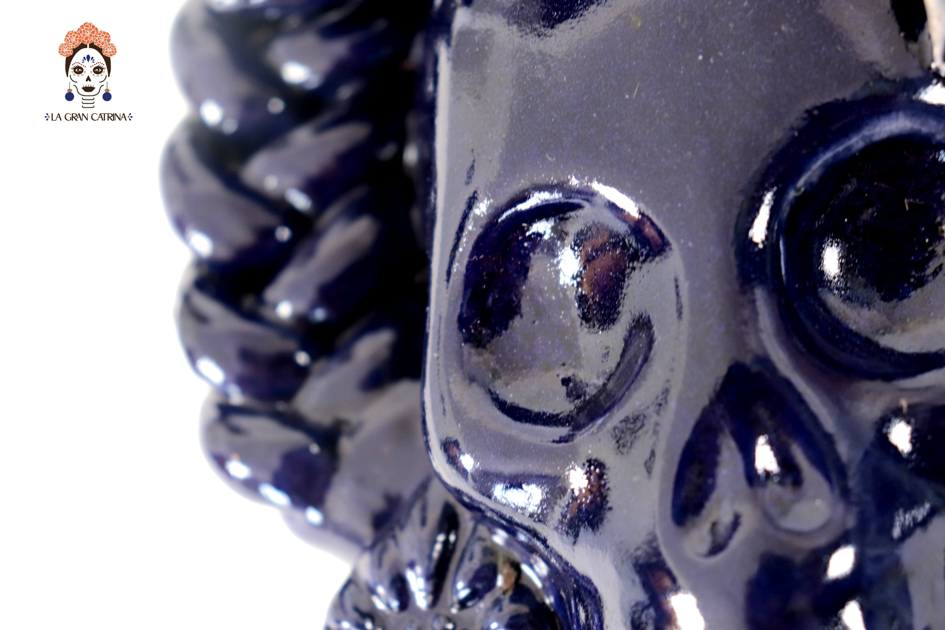 Skull Glazed Clay Blue with Flowers and Trenza II - 7.6 in. Tiru