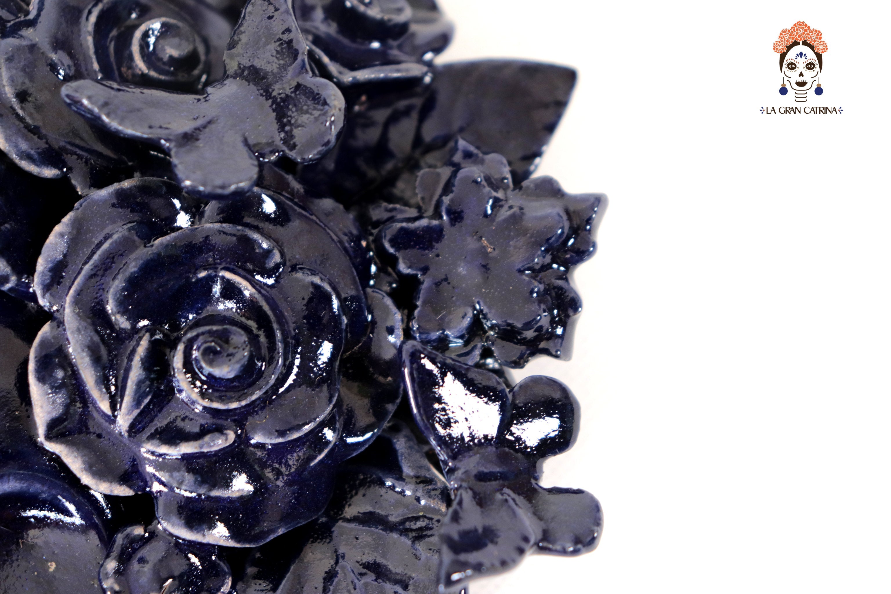 Skull Glazed Clay Blue with Flowers and Trenza II - 7.6 in. Tiru