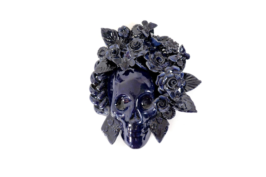 Skull Glazed Clay Blue with Flowers and Trenza - 7.6 in. Tiru