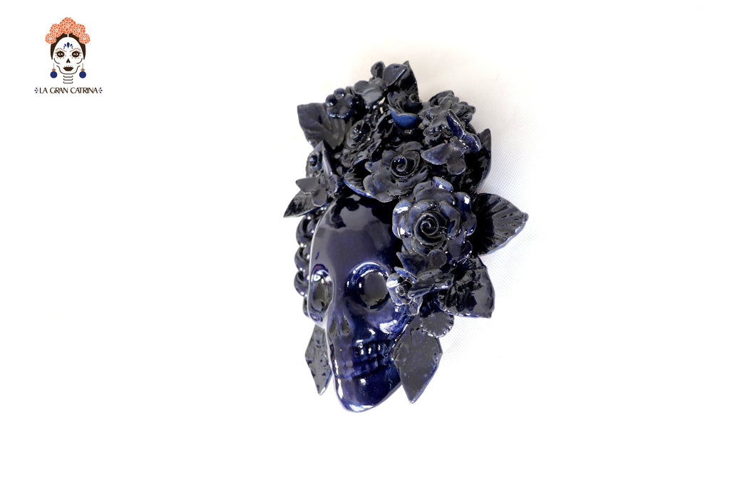 Skull Glazed Clay Blue with Flowers and Trenza - 7.6 in. Tiru