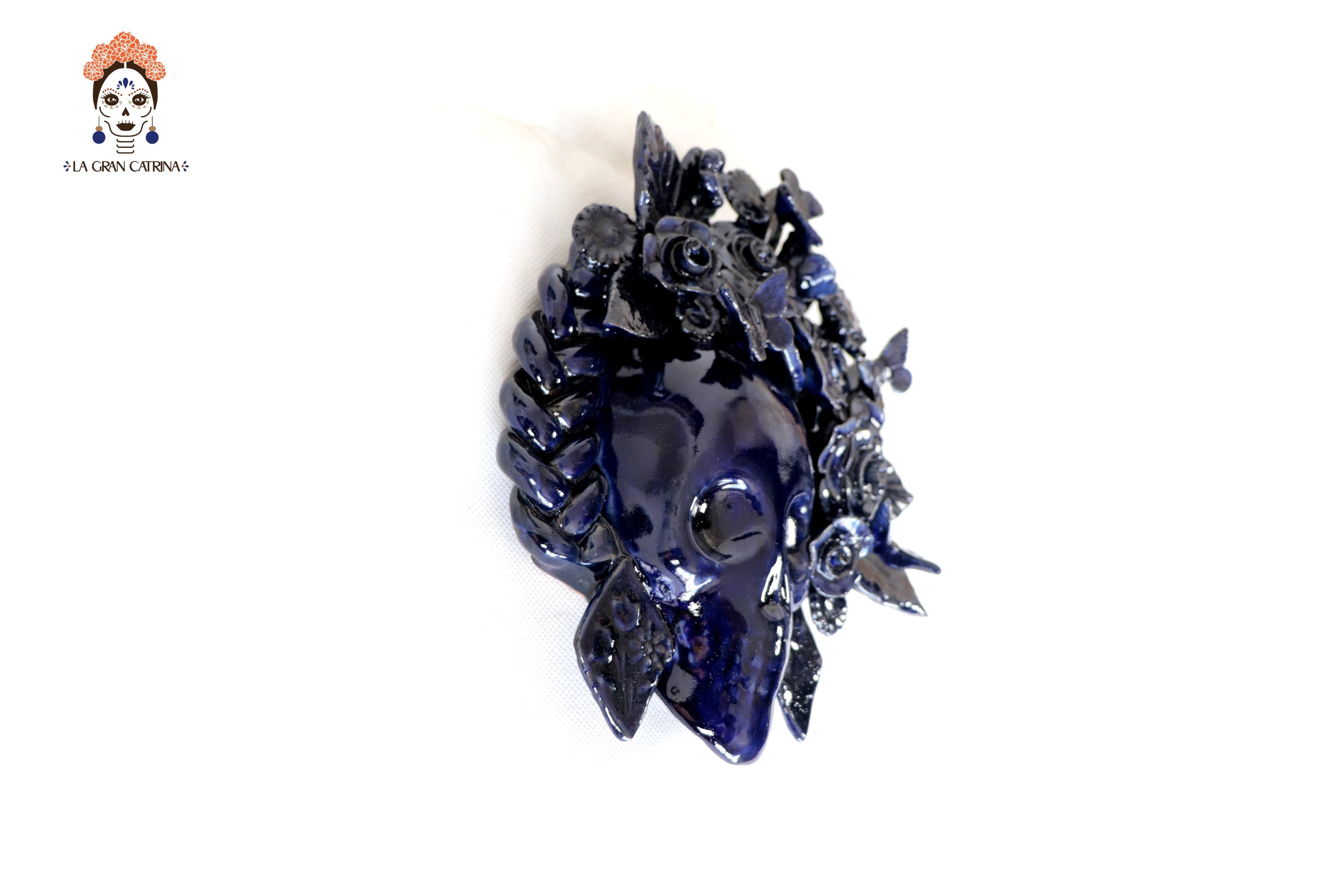 Skull Glazed Clay Blue with Flowers and Trenza - 7.6 in. Tiru