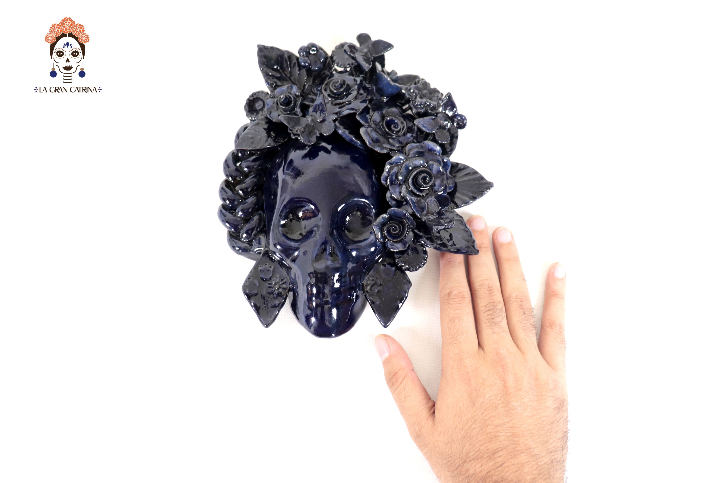 Skull Glazed Clay Blue with Flowers and Trenza - 7.6 in. Tiru