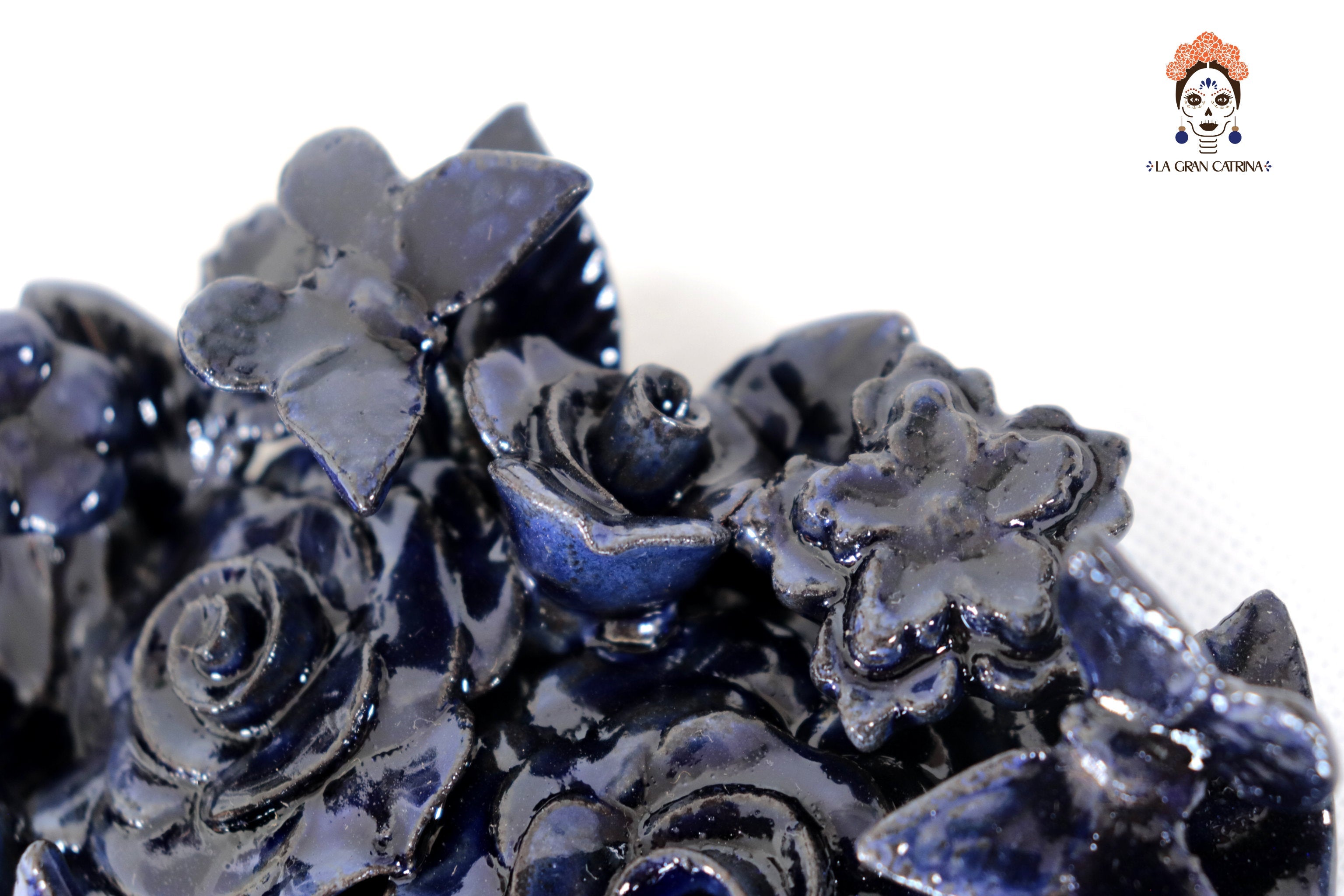 Skull Glazed Clay Blue with Flowers and Trenza - 7.6 in. Tiru