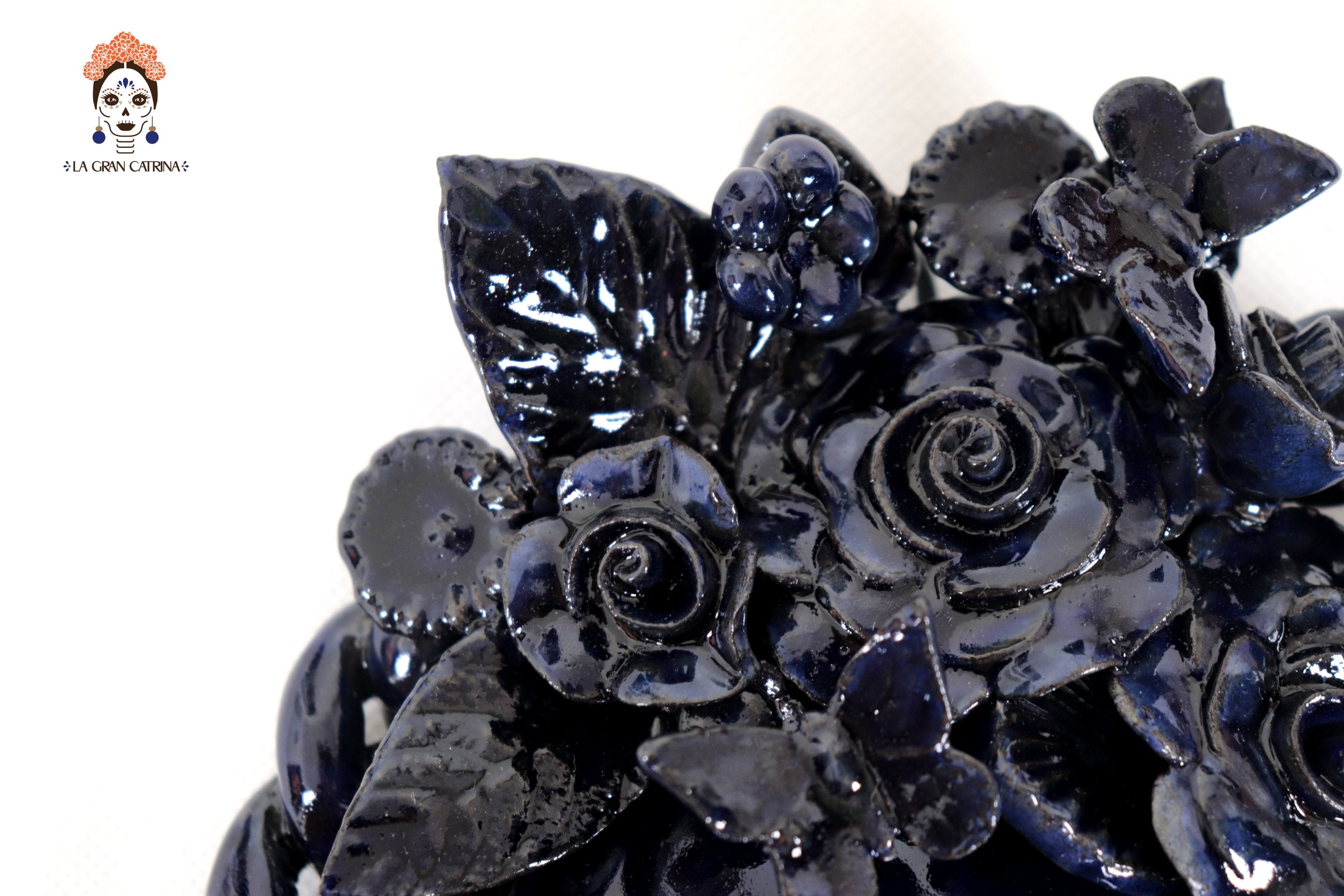 Skull Glazed Clay Blue with Flowers and Trenza - 7.6 in. Tiru