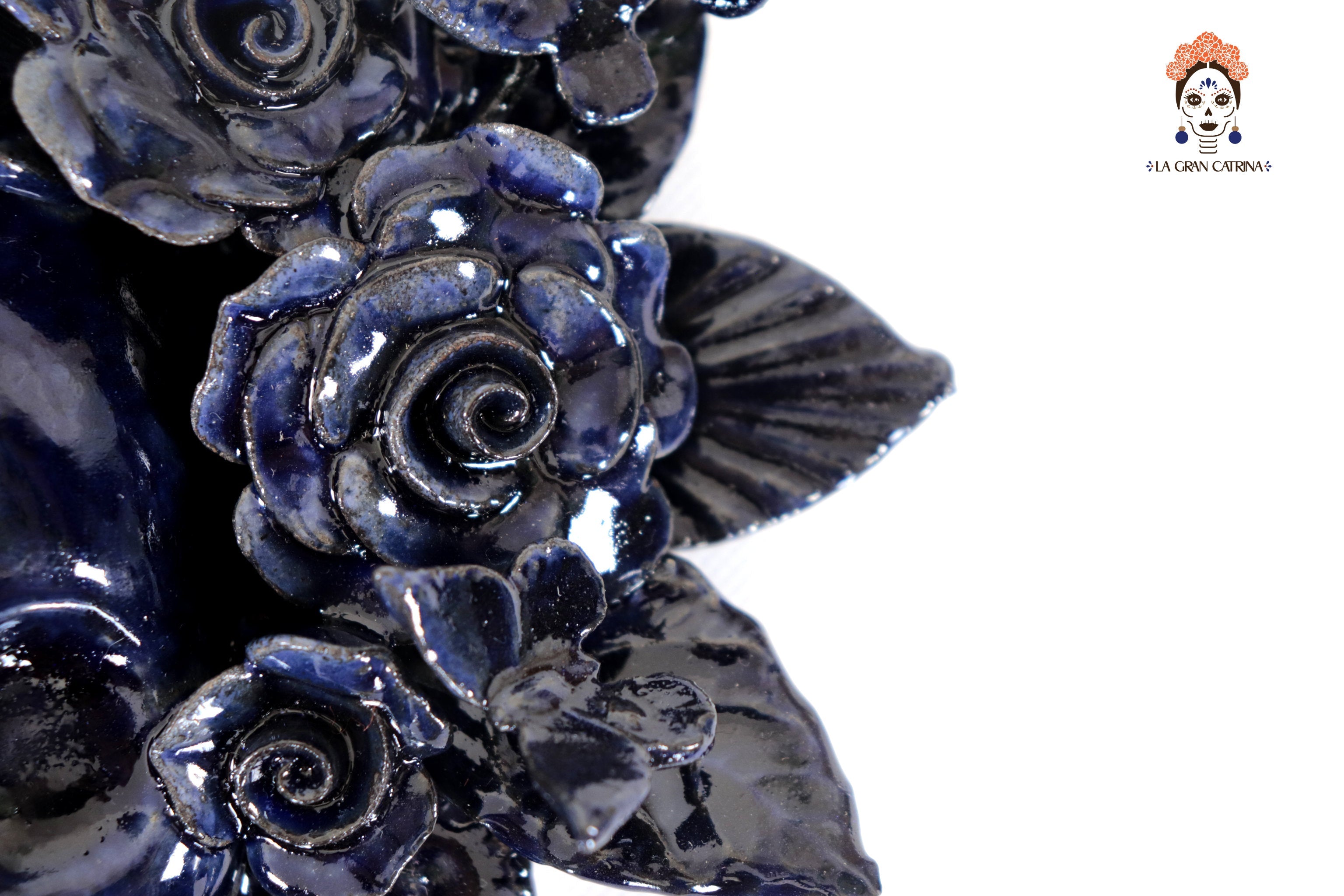 Skull Glazed Clay Blue with Flowers and Trenza - 7.6 in. Tiru
