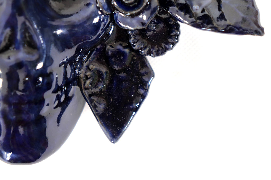 Skull Glazed Clay Blue with Flowers and Trenza - 7.6 in. Tiru