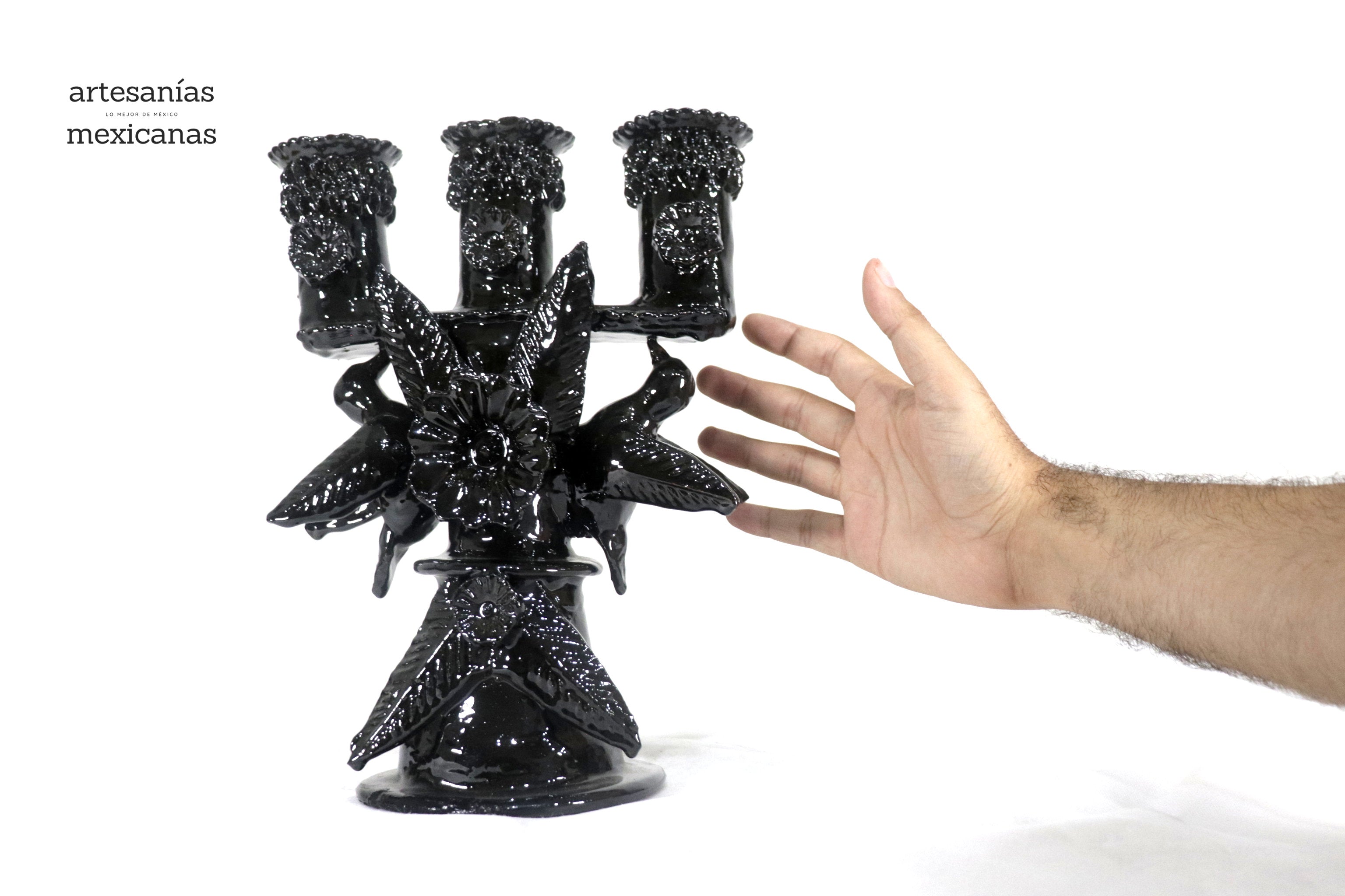 3-Candle Candleholder Black - 11.2 in. - Glazed Clay Juan Gtz
