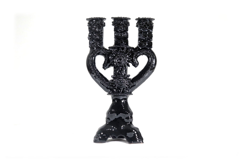 3-Candle Candleholder heart Black - 13.8 in. - Glazed Clay Juan Gtz