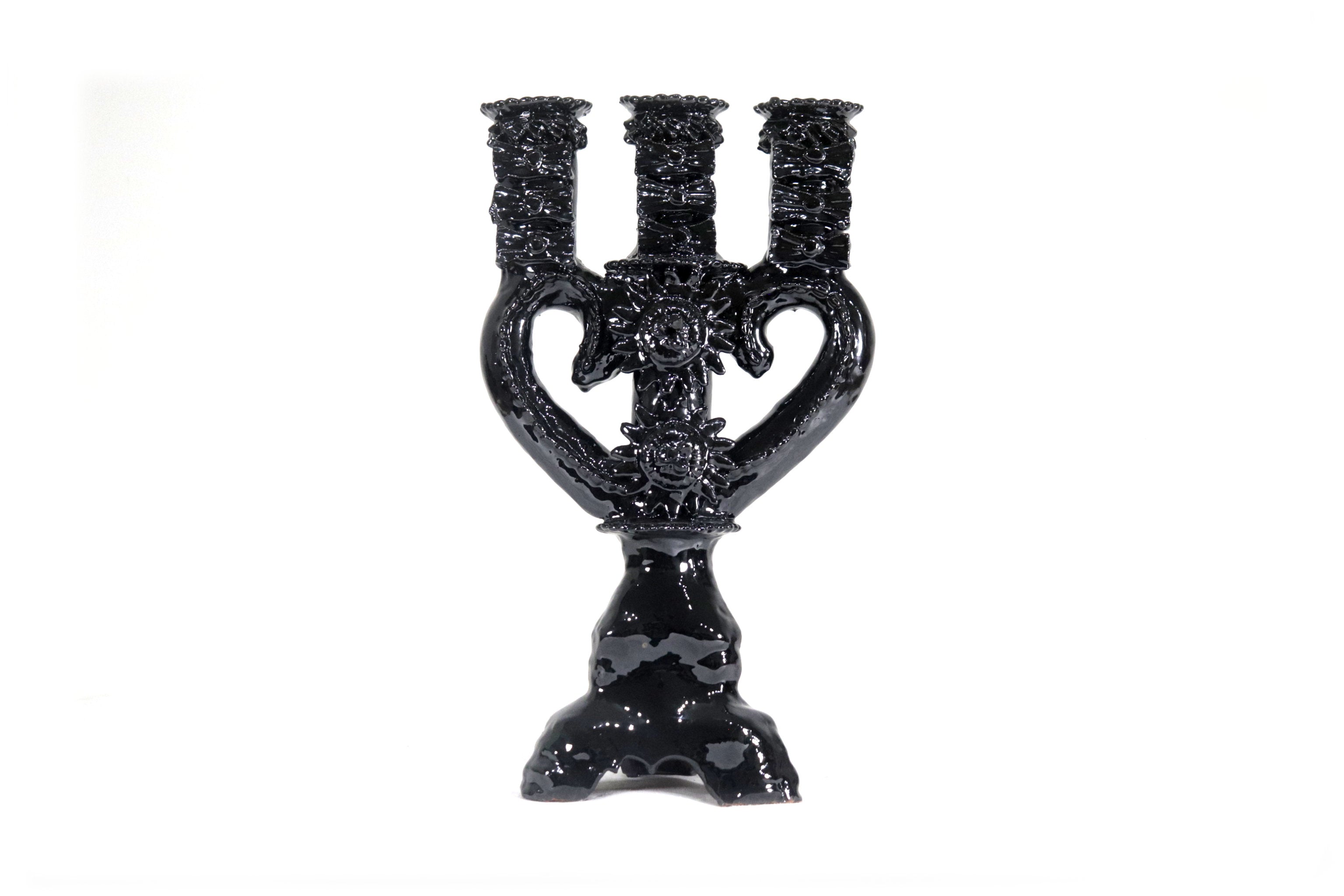 3-Candle Candleholder heart Black - 13.8 in. - Glazed Clay Juan Gtz