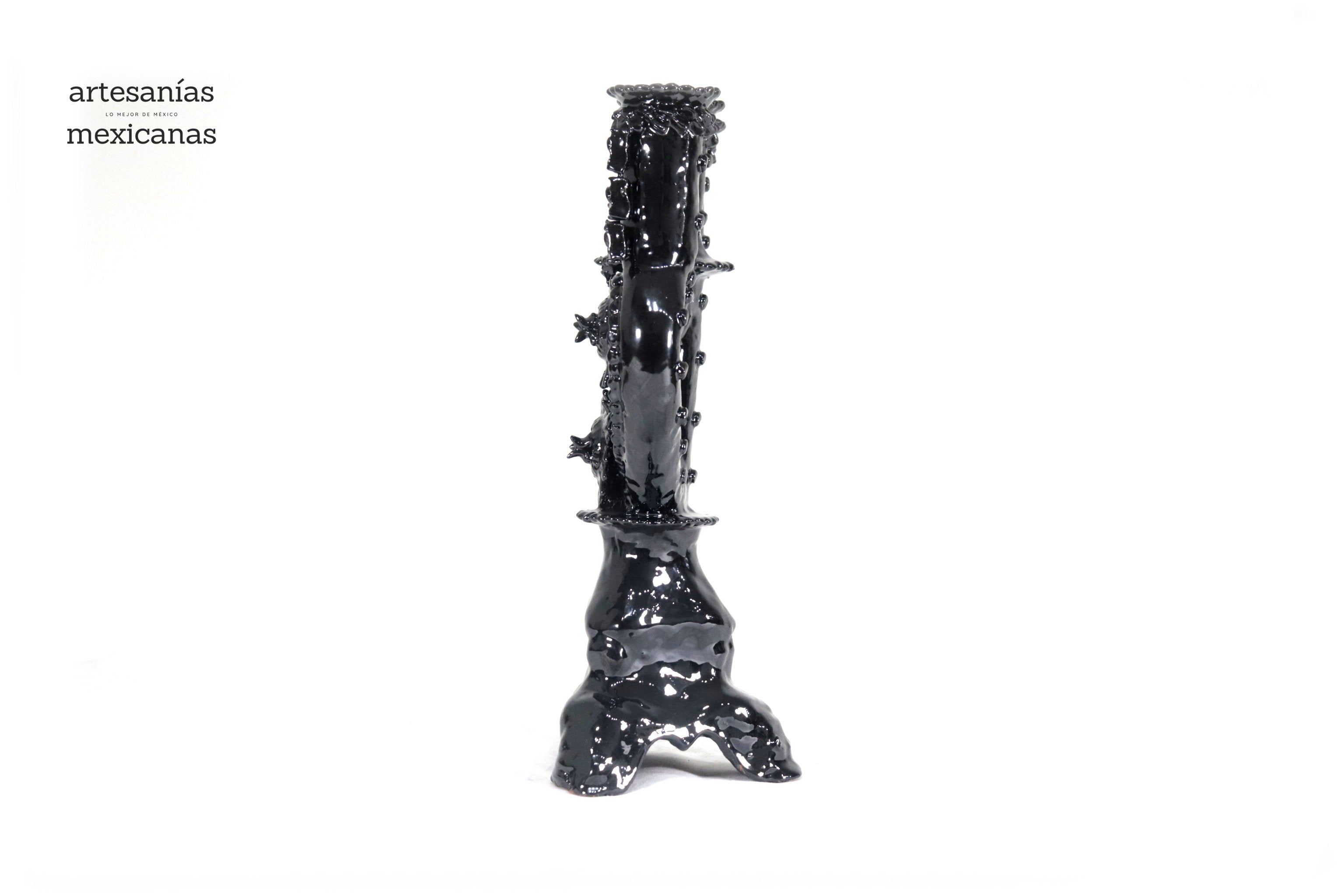 3-Candle Candleholder heart Black - 13.8 in. - Glazed Clay Juan Gtz