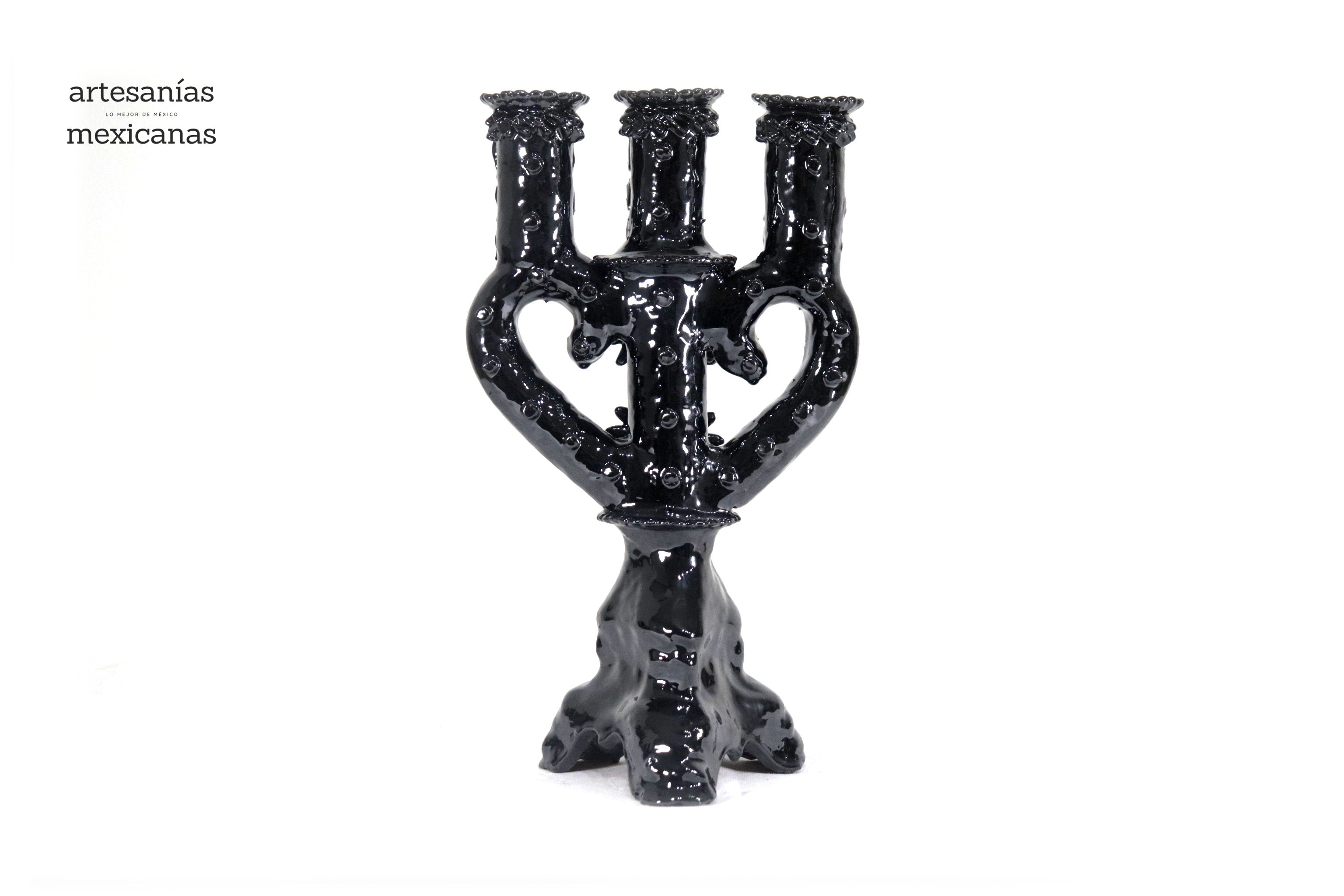 3-Candle Candleholder heart Black - 13.8 in. - Glazed Clay Juan Gtz