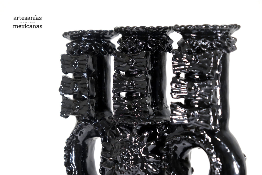 3-Candle Candleholder heart Black - 13.8 in. - Glazed Clay Juan Gtz