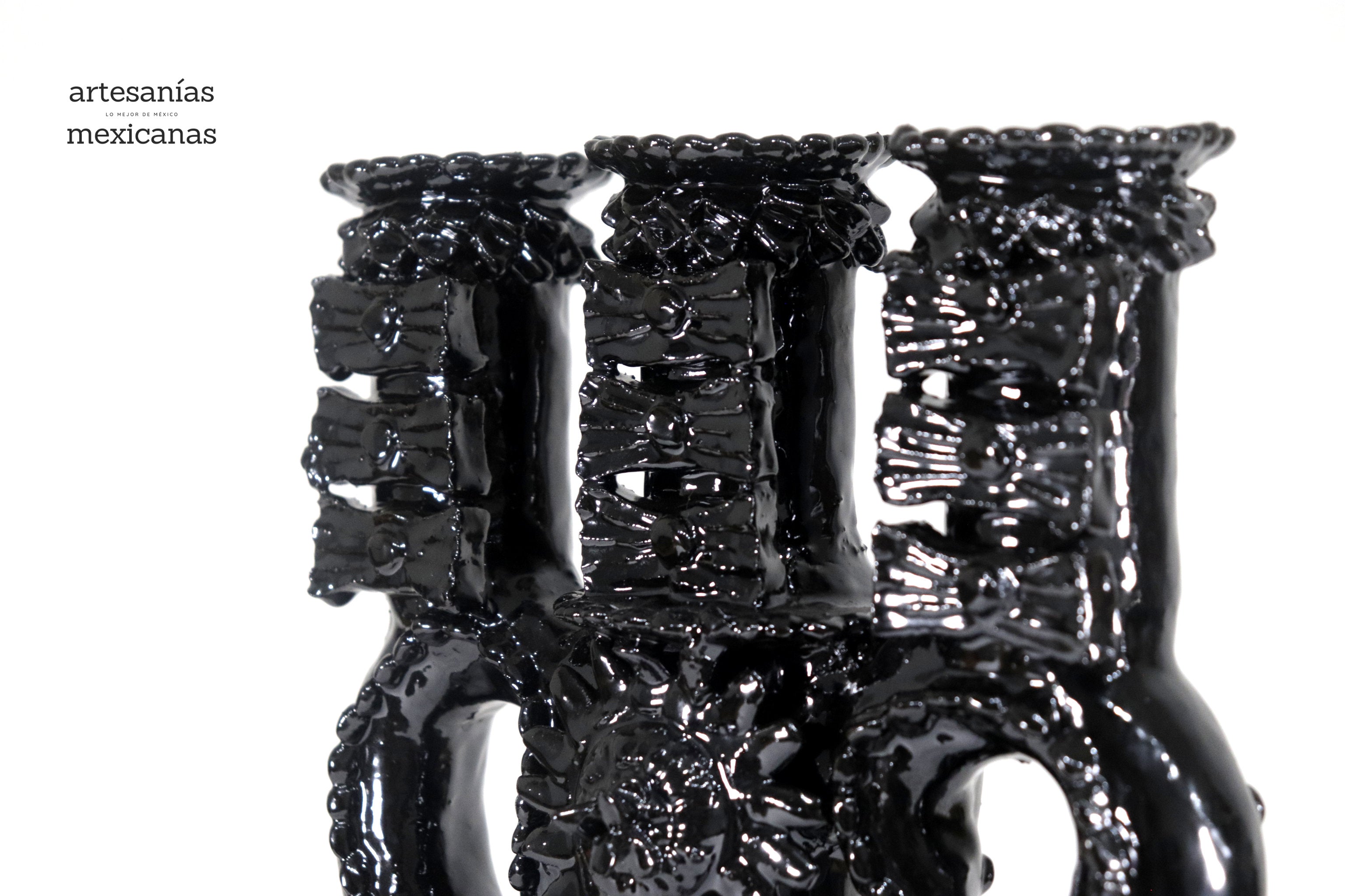 3-Candle Candleholder heart Black - 13.8 in. - Glazed Clay Juan Gtz
