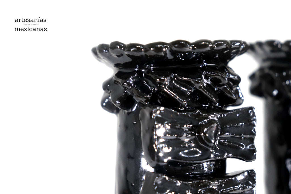 3-Candle Candleholder heart Black - 13.8 in. - Glazed Clay Juan Gtz
