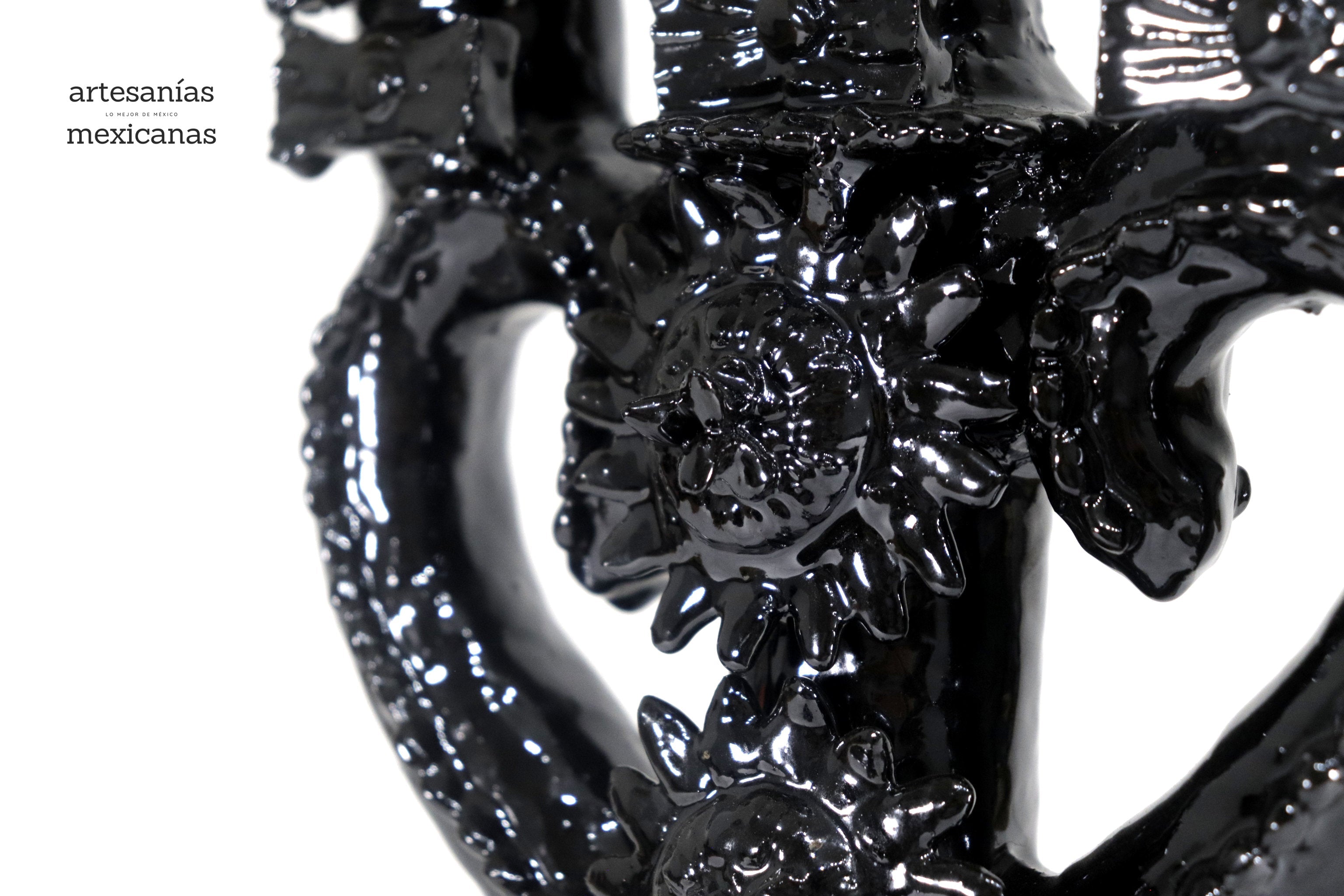 3-Candle Candleholder heart Black - 13.8 in. - Glazed Clay Juan Gtz