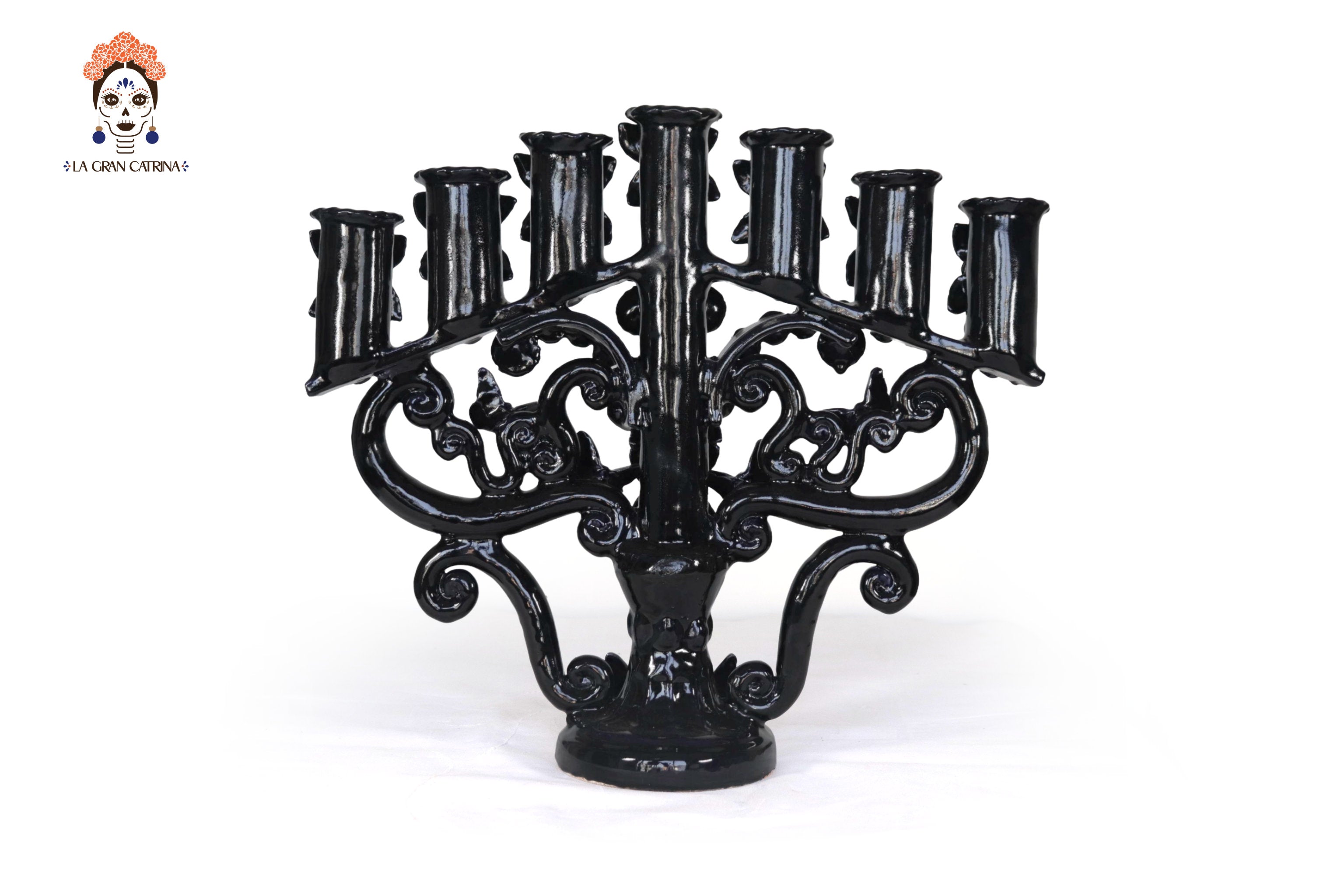 Candleholder Blue 7 candles - Glazed Clay - 15.7 in. Tiru