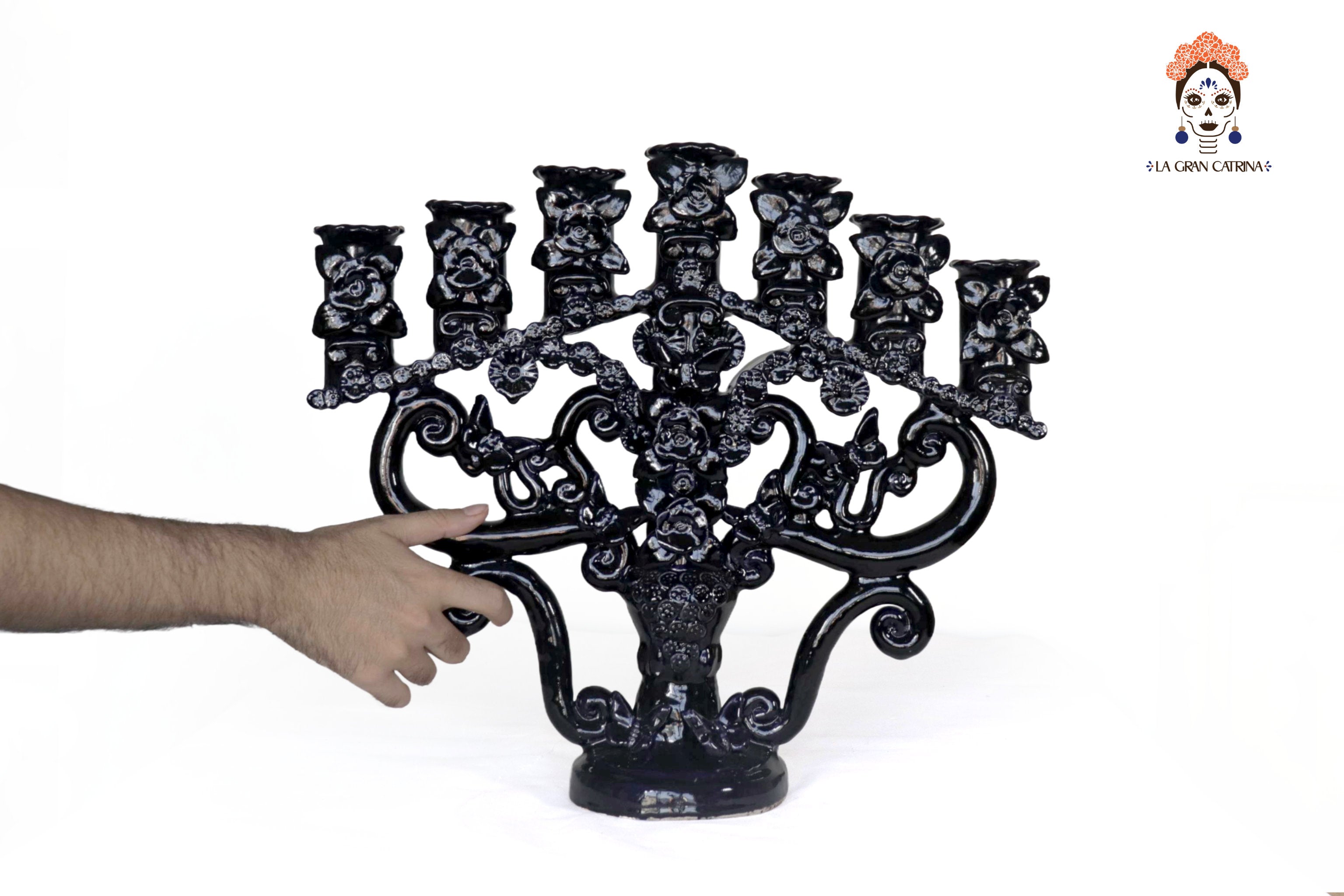 Candleholder Blue 7 candles - Glazed Clay - 15.7 in. Tiru