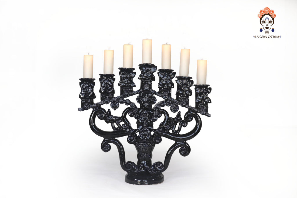 Candleholder Blue 7 candles - Glazed Clay - 15.7 in. Tiru