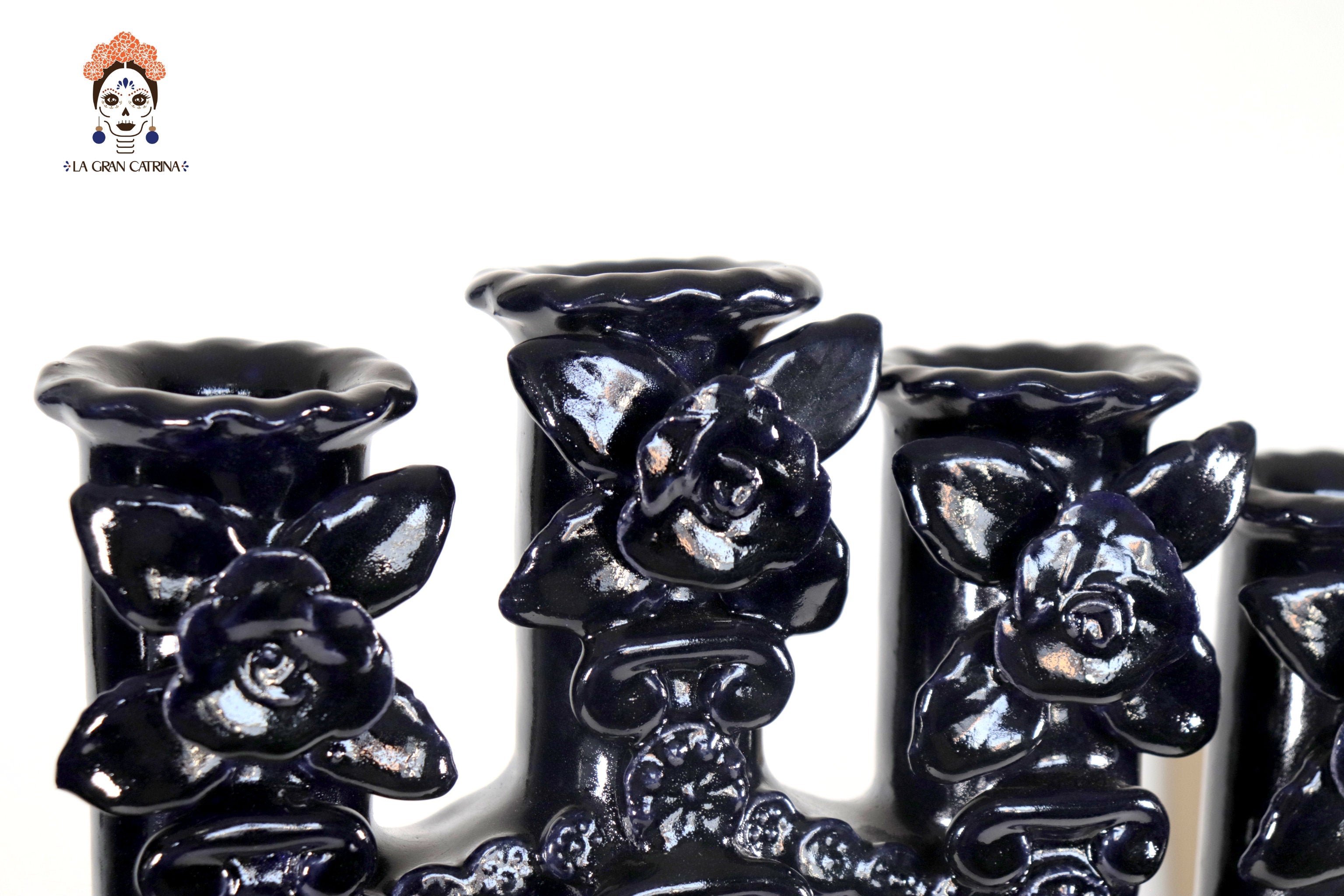 Candleholder Blue 7 candles - Glazed Clay - 15.7 in. Tiru