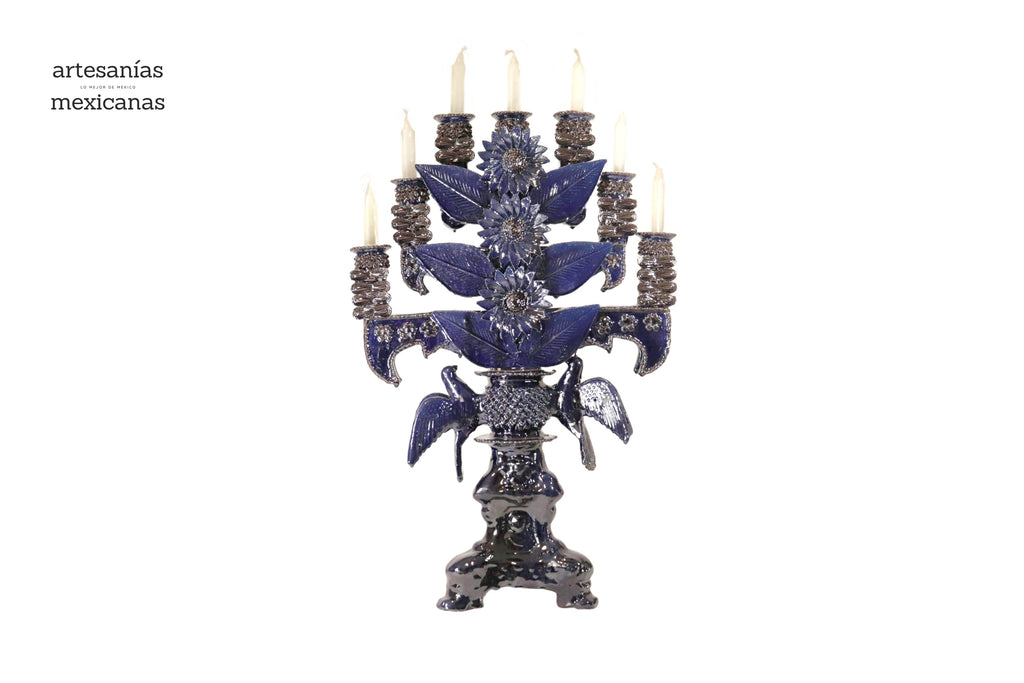 Candleholder Blue 7 candles - Glazed Clay - 28 in. Juan Gtz