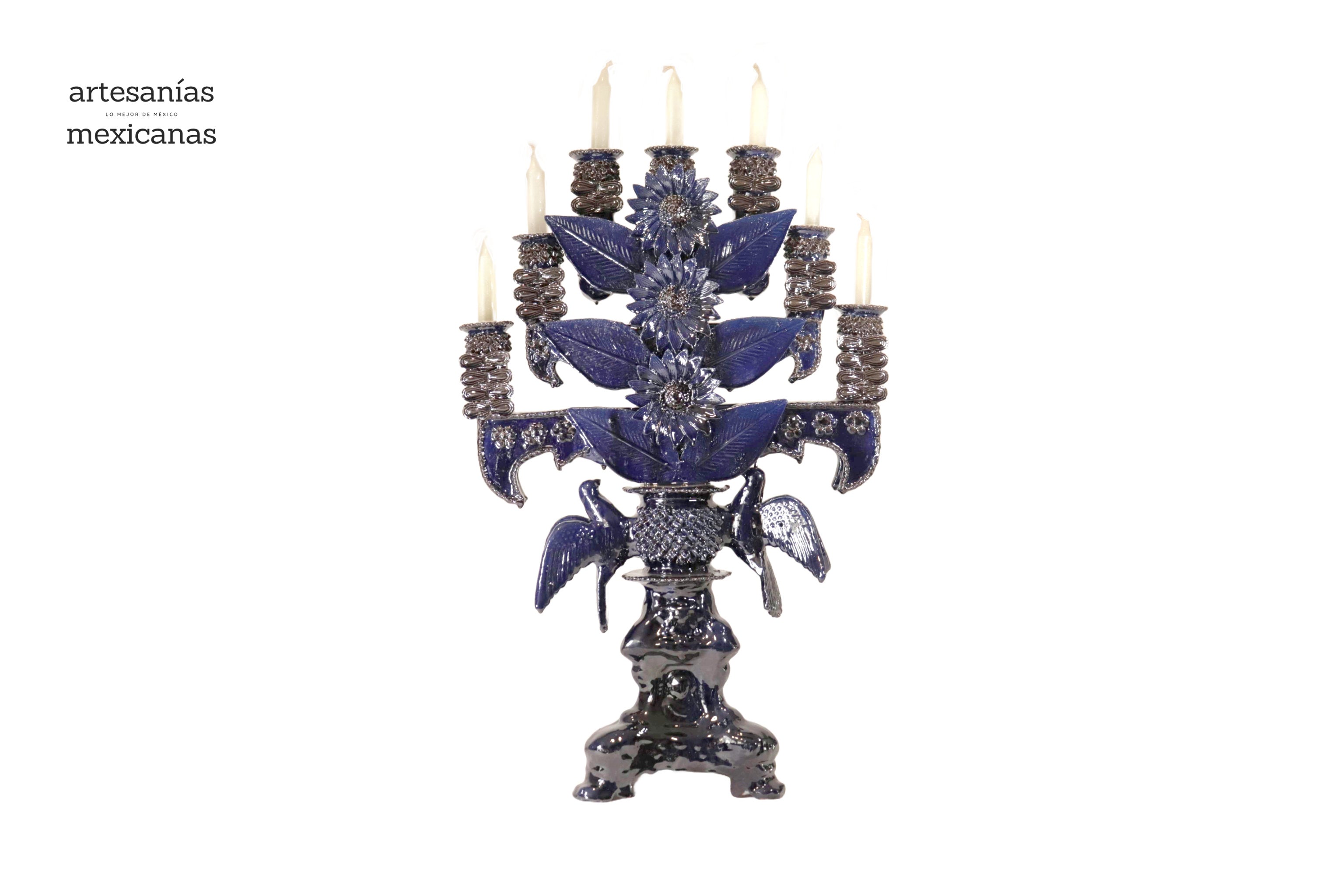 Candleholder Blue 7 candles - Glazed Clay - 28 in. Juan Gtz