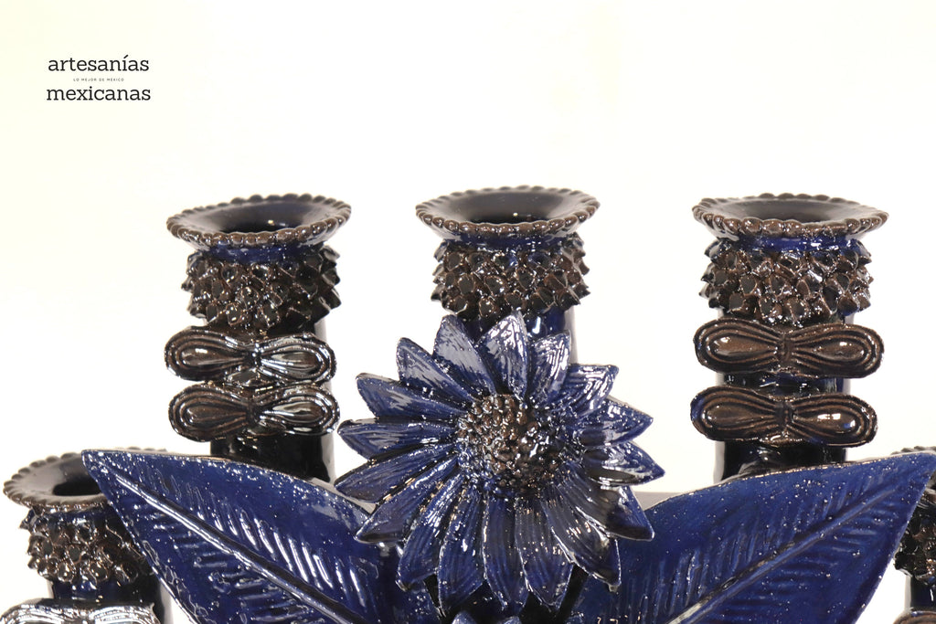 Candleholder Blue 7 candles - Glazed Clay - 28 in. Juan Gtz