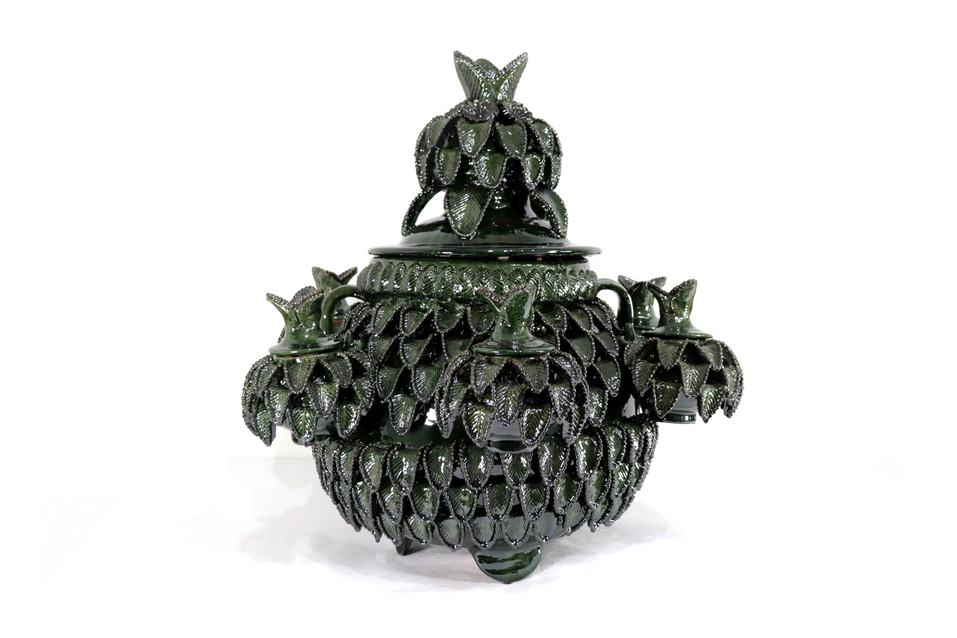 Ponchera green with Leaves vidriada with jarritos Clay - 20 in. Viejitos SJG