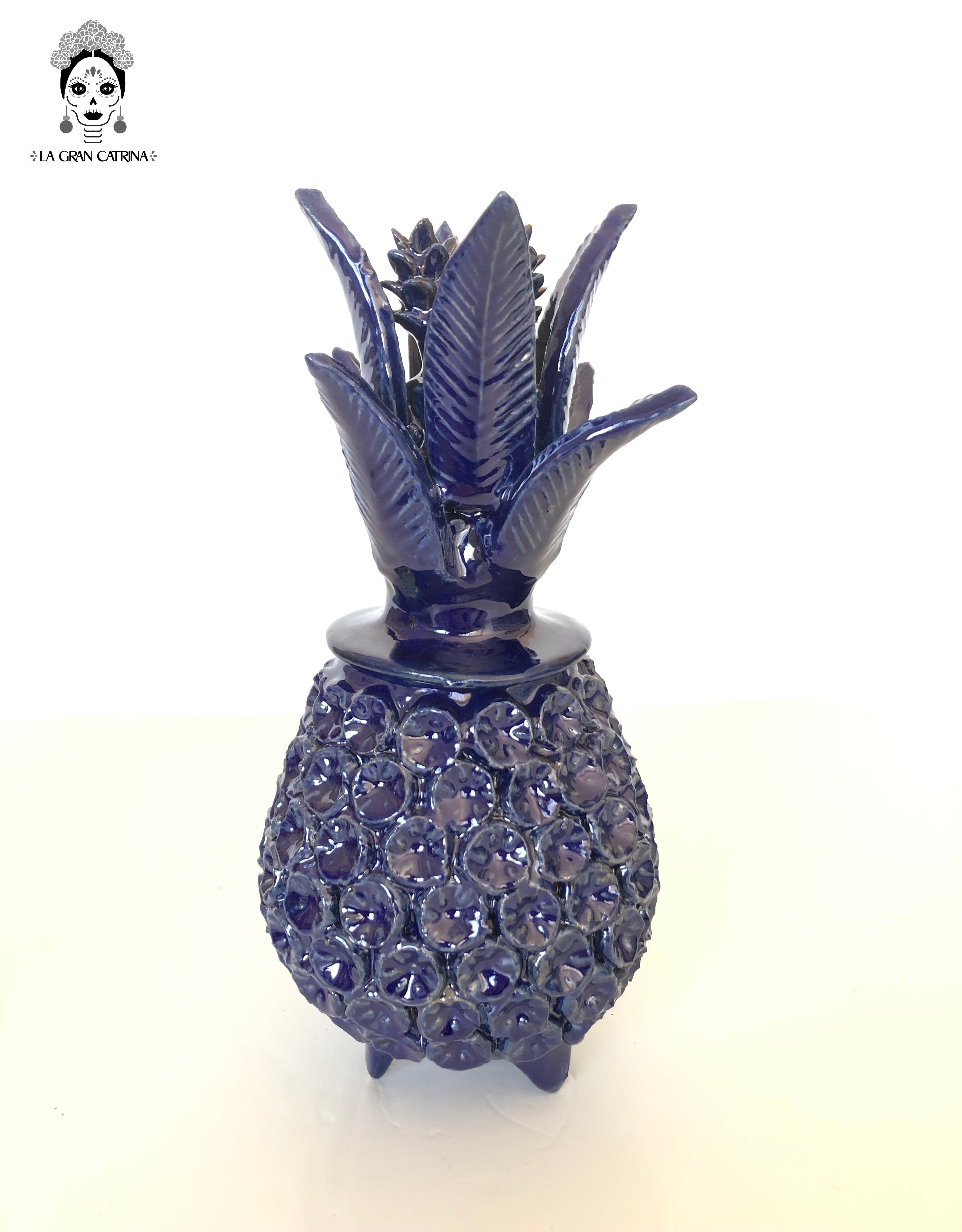 Michoacán Clay Pineapple - Flowers Blue - 11 in. - Made to Order Juan Gtz