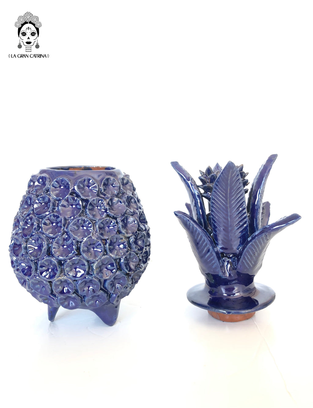 Michoacán Clay Pineapple - Flowers Blue - 11 in. - Made to Order Juan Gtz