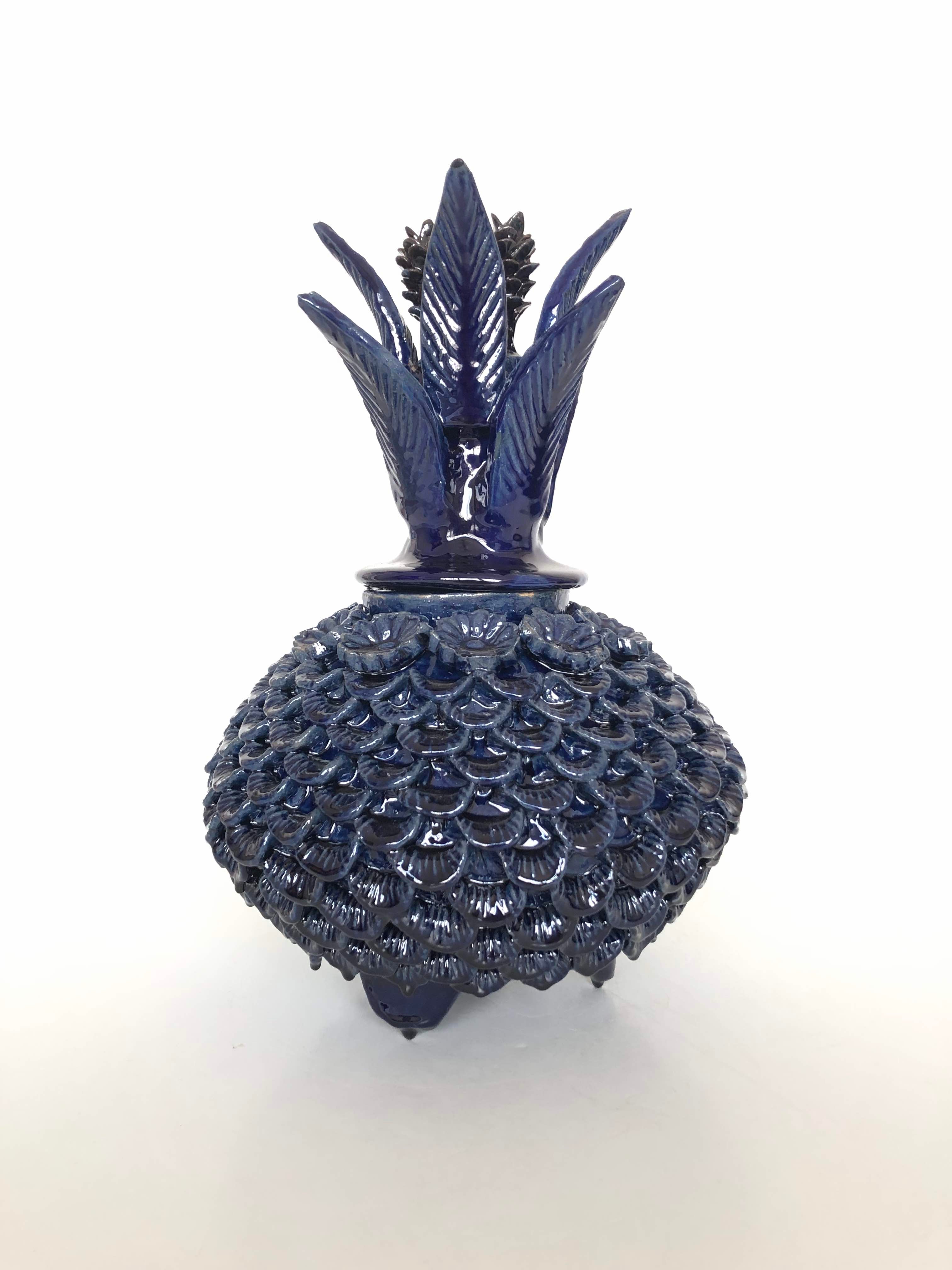 Michoacán Clay Pineapple - Saucer Petals Blue with Flowers - 13 in. Juan Gtz