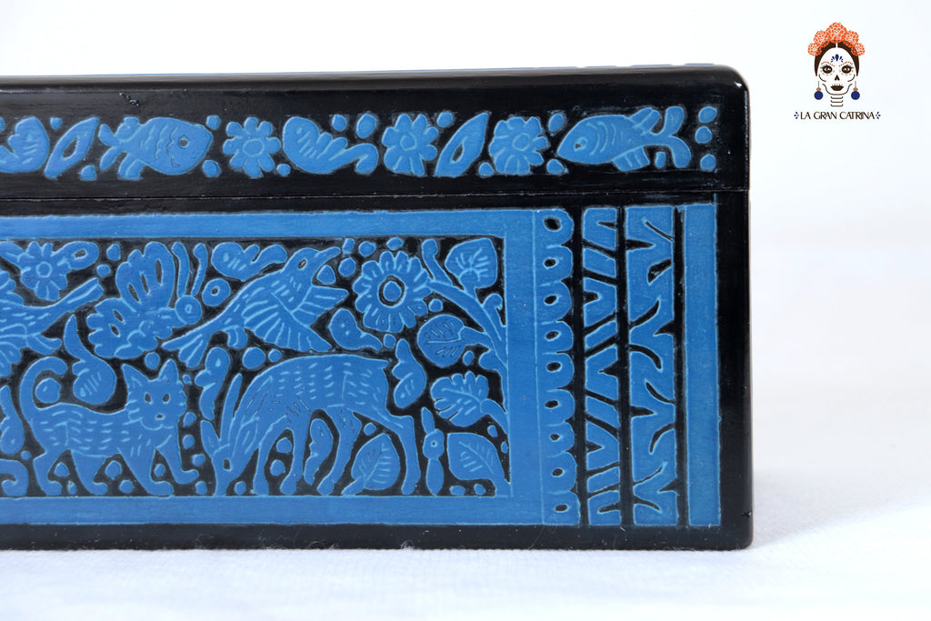 Handmade Olinalá Box - Blue Decorative Chest with Traditional Floral Art 12.9 in. Olinala
