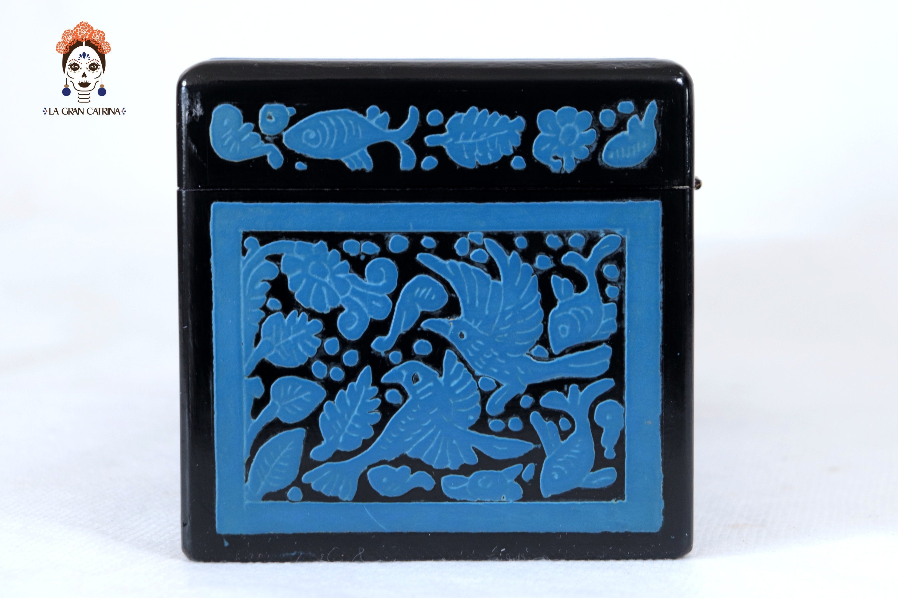 Handmade Olinalá Box - Blue Decorative Chest with Traditional Floral Art 12.9 in. Olinala