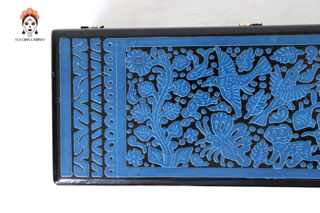 Handmade Olinalá Box - Blue Decorative Chest with Traditional Floral Art 12.9 in. Olinala