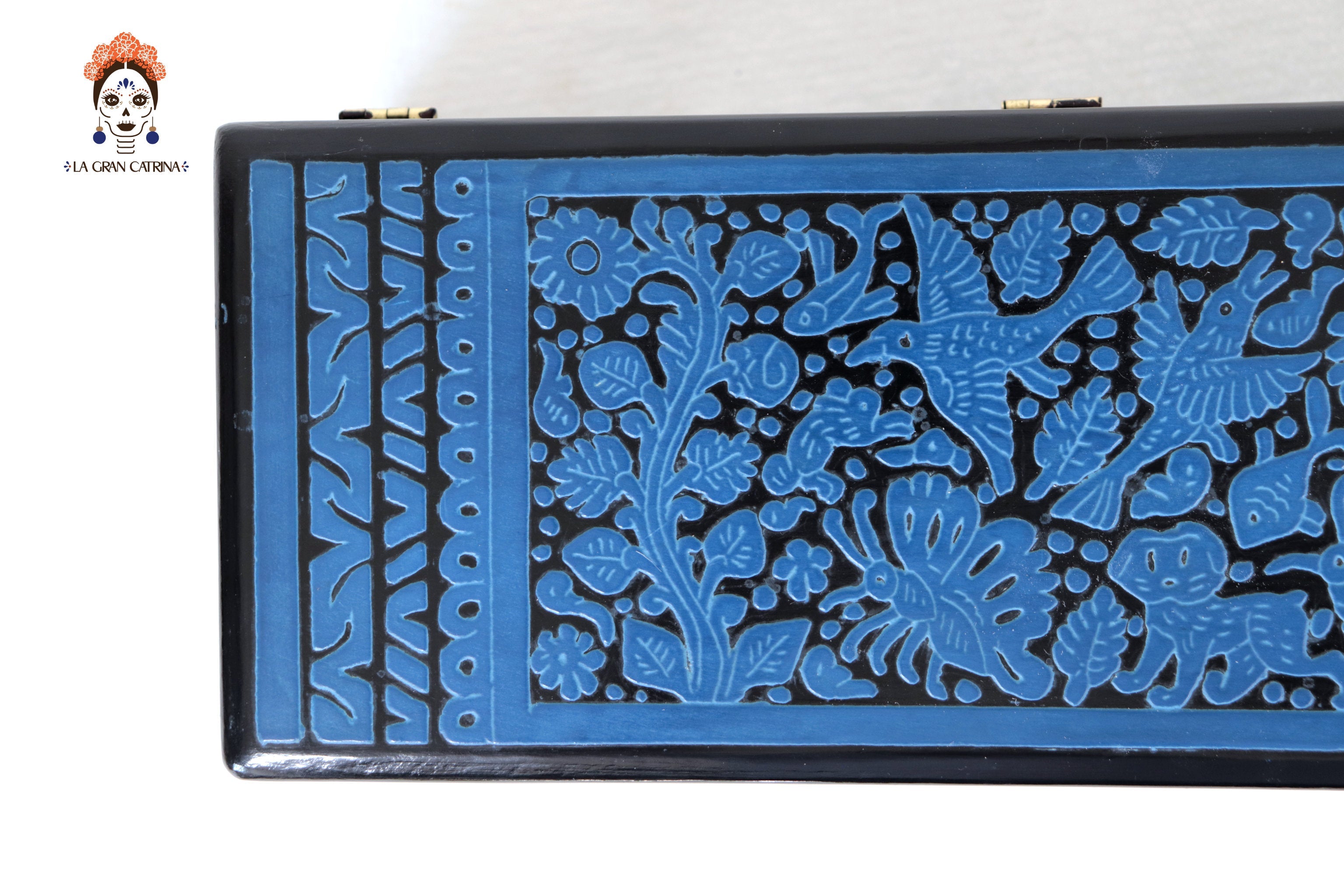 Handmade Olinalá Box - Blue Decorative Chest with Traditional Floral Art 12.9 in. Olinala