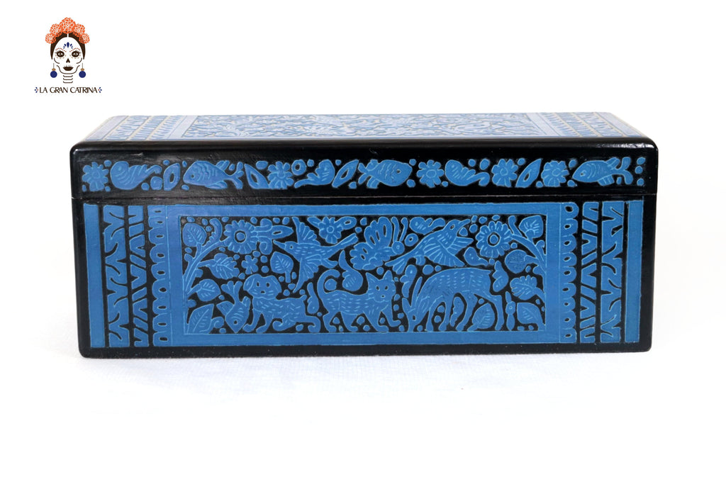 Handmade Olinalá Box - Blue Decorative Chest with Traditional Floral Art 12.9 in. Olinala