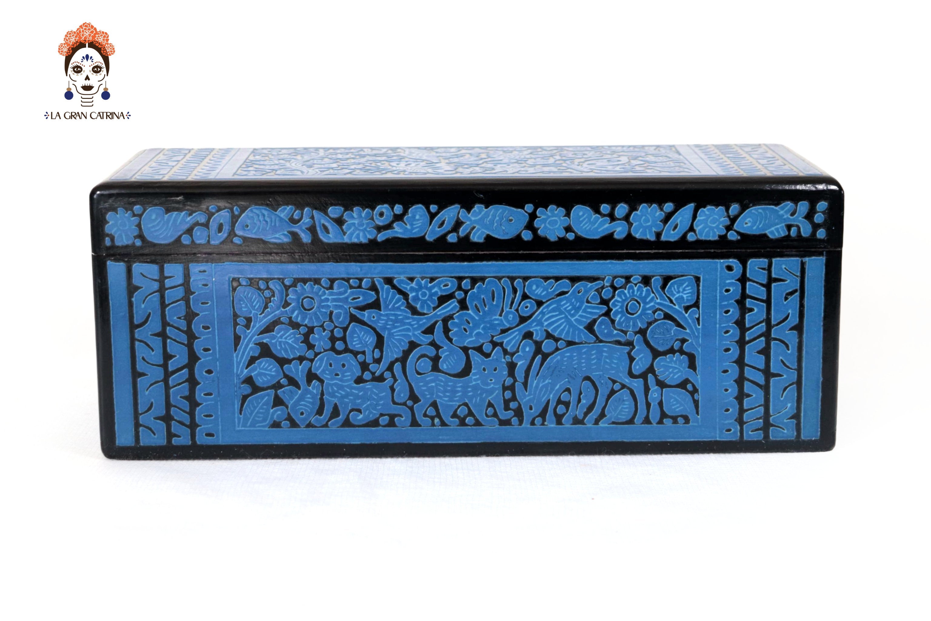 Handmade Olinalá Box - Blue Decorative Chest with Traditional Floral Art 12.9 in. Olinala