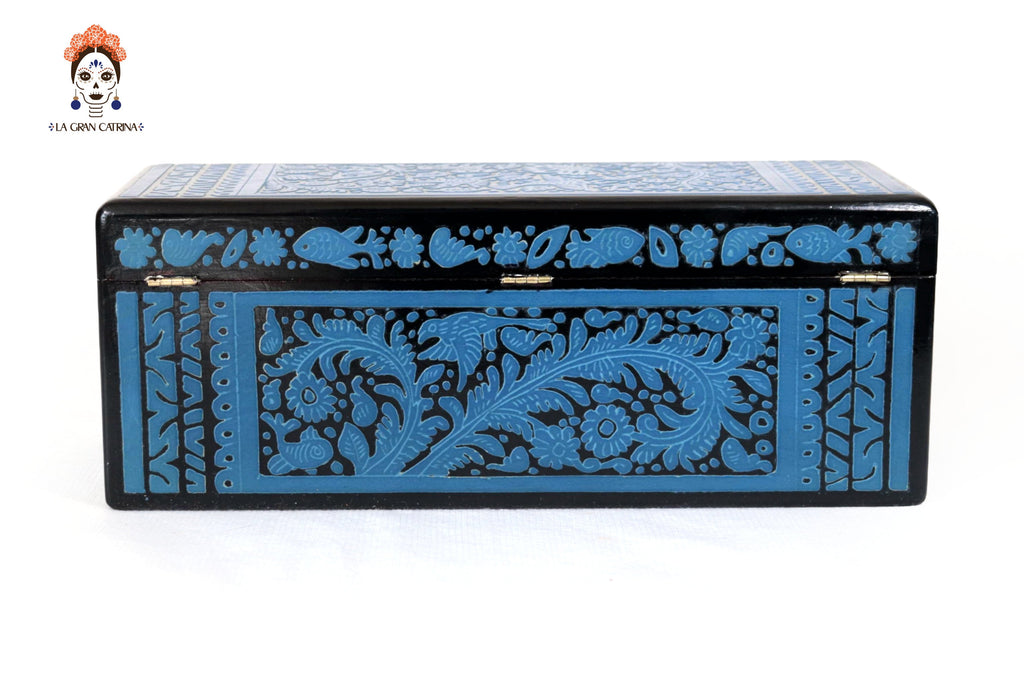 Handmade Olinalá Box - Blue Decorative Chest with Traditional Floral Art 12.9 in. Olinala