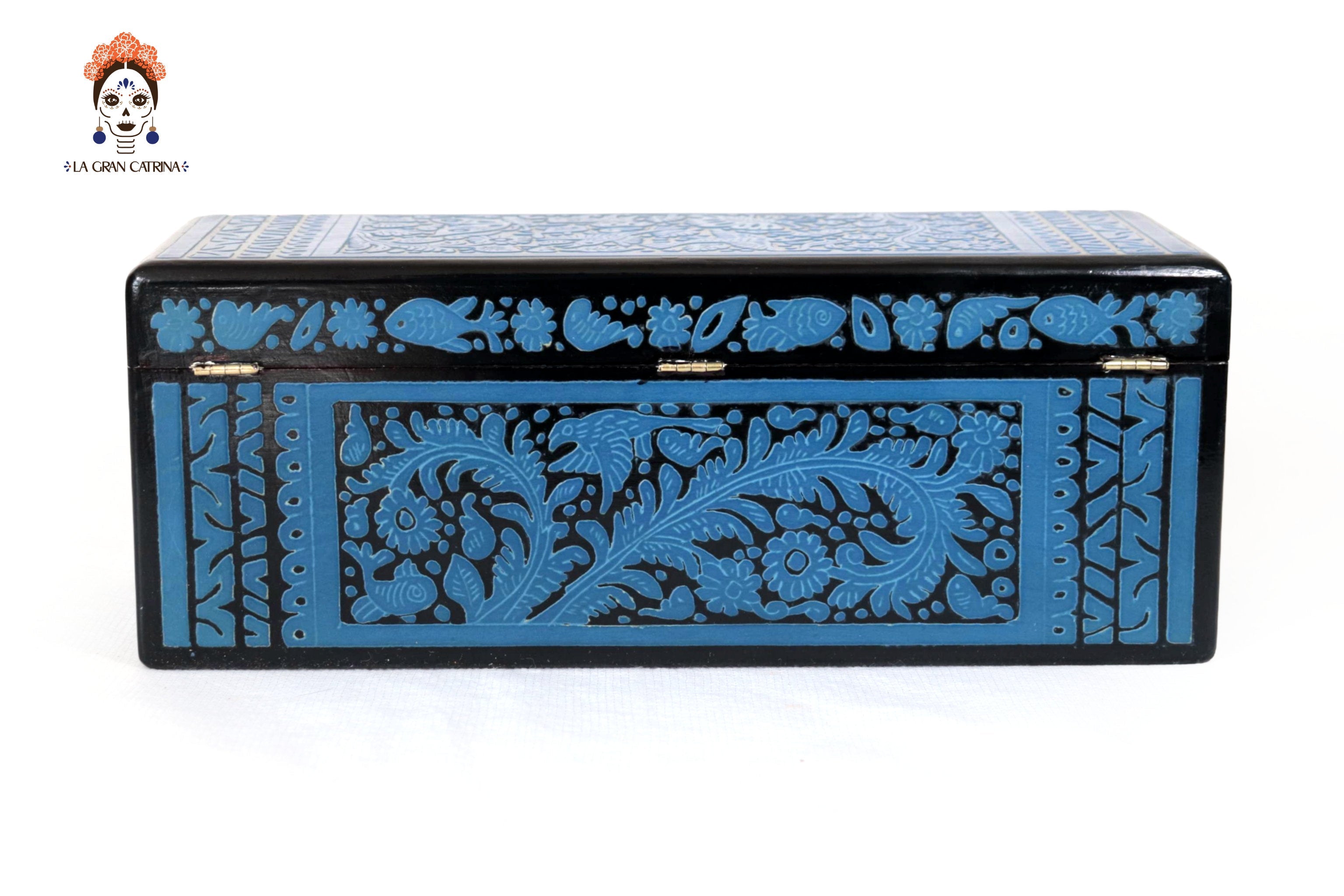 Handmade Olinalá Box - Blue Decorative Chest with Traditional Floral Art 12.9 in. Olinala