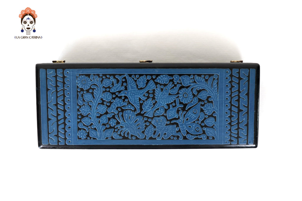 Handmade Olinalá Box - Blue Decorative Chest with Traditional Floral Art 12.9 in. Olinala