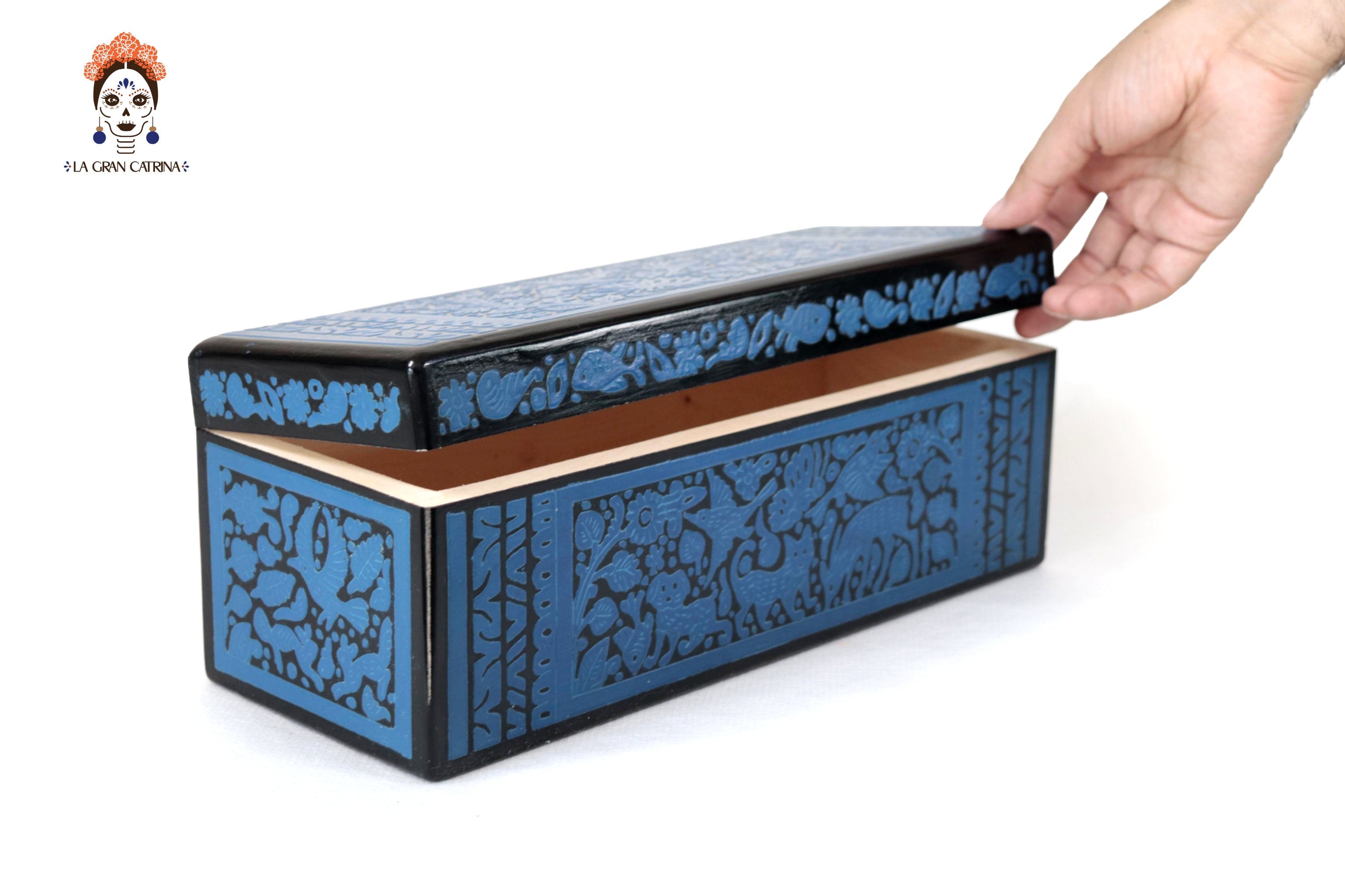 Handmade Olinalá Box - Blue Decorative Chest with Traditional Floral Art 12.9 in. Olinala