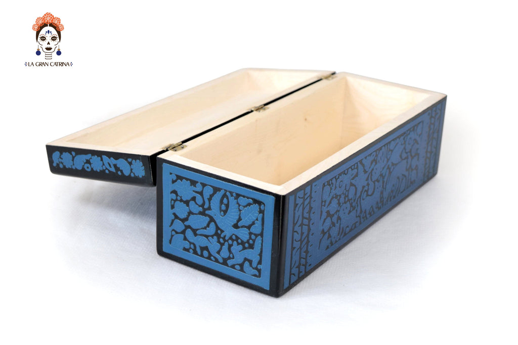 Handmade Olinalá Box - Blue Decorative Chest with Traditional Floral Art 12.9 in. Olinala