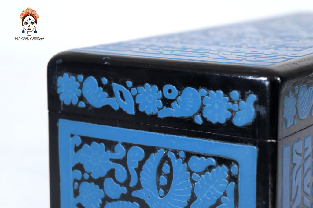 Handmade Olinalá Box - Blue Decorative Chest with Traditional Floral Art 12.9 in. Olinala