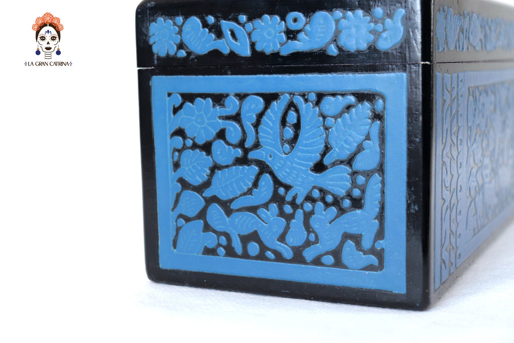 Handmade Olinalá Box - Blue Decorative Chest with Traditional Floral Art 12.9 in. Olinala