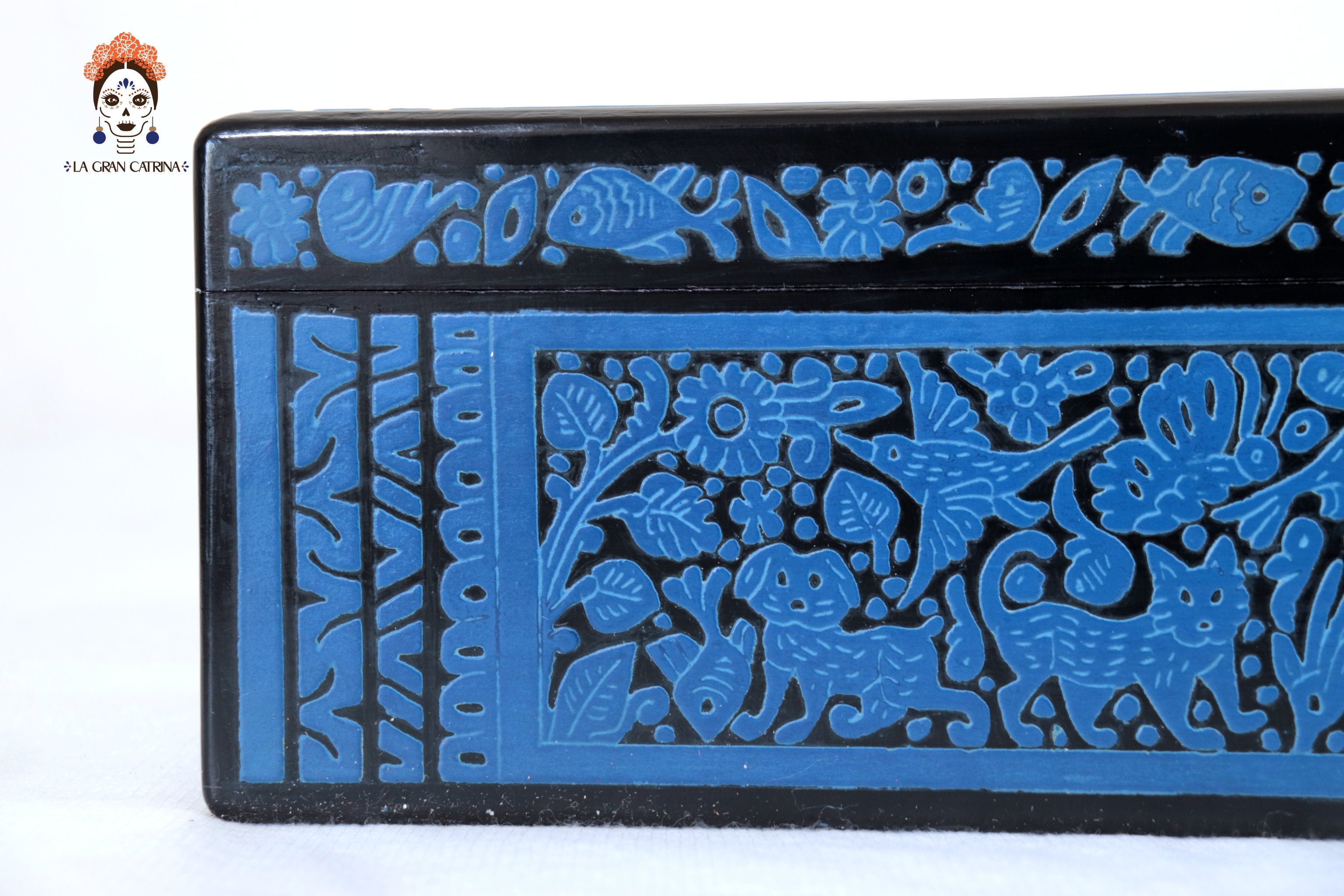 Handmade Olinalá Box - Blue Decorative Chest with Traditional Floral Art 12.9 in. Olinala
