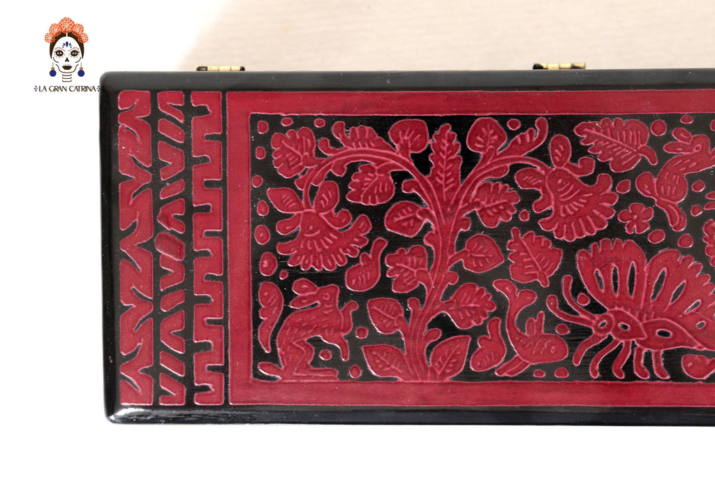 Red Olinalá Handcrafted Box with Traditional Floral Design - 12.9 in. Olinala