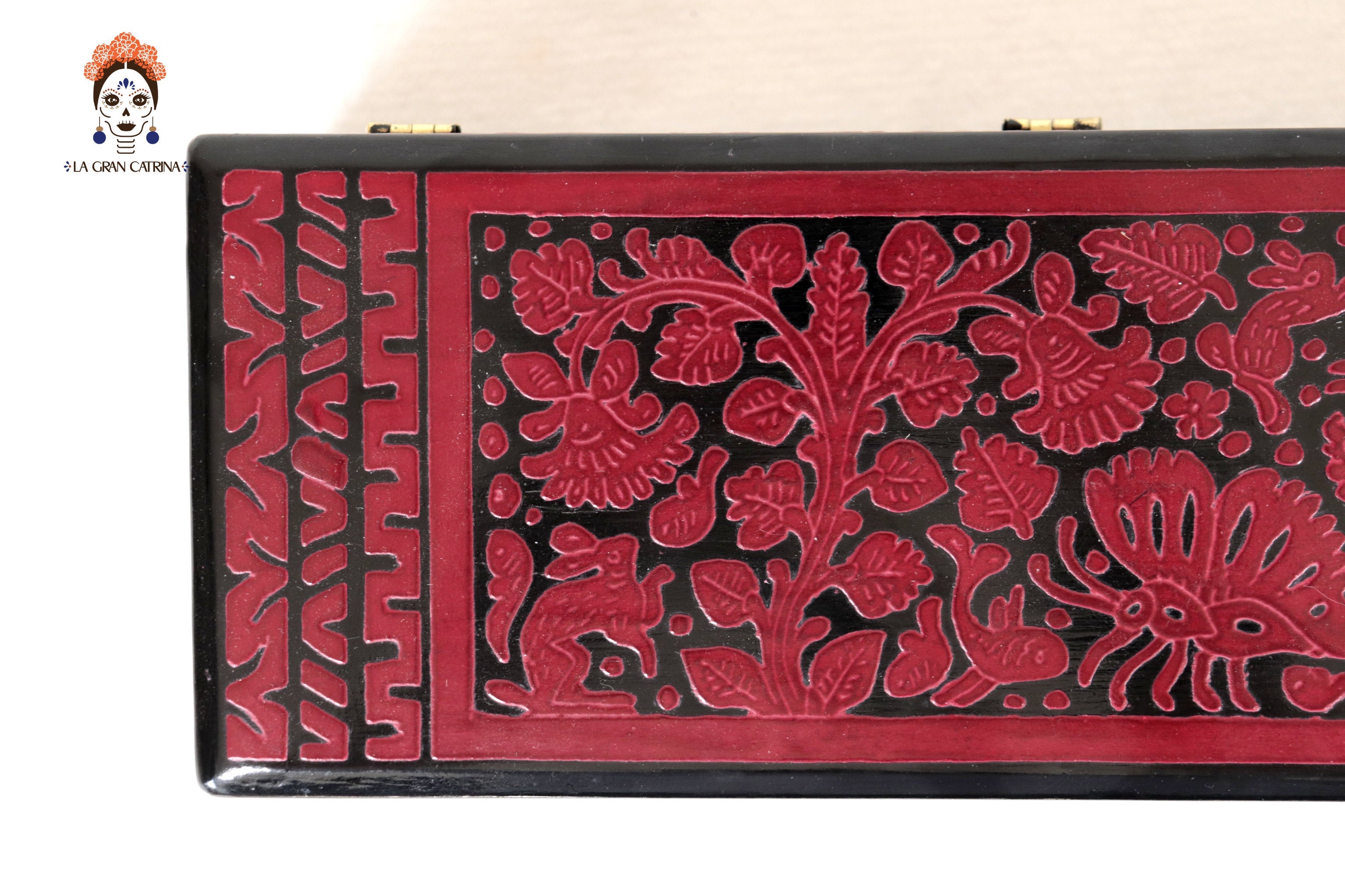 Red Olinalá Handcrafted Box with Traditional Floral Design - 12.9 in. Olinala