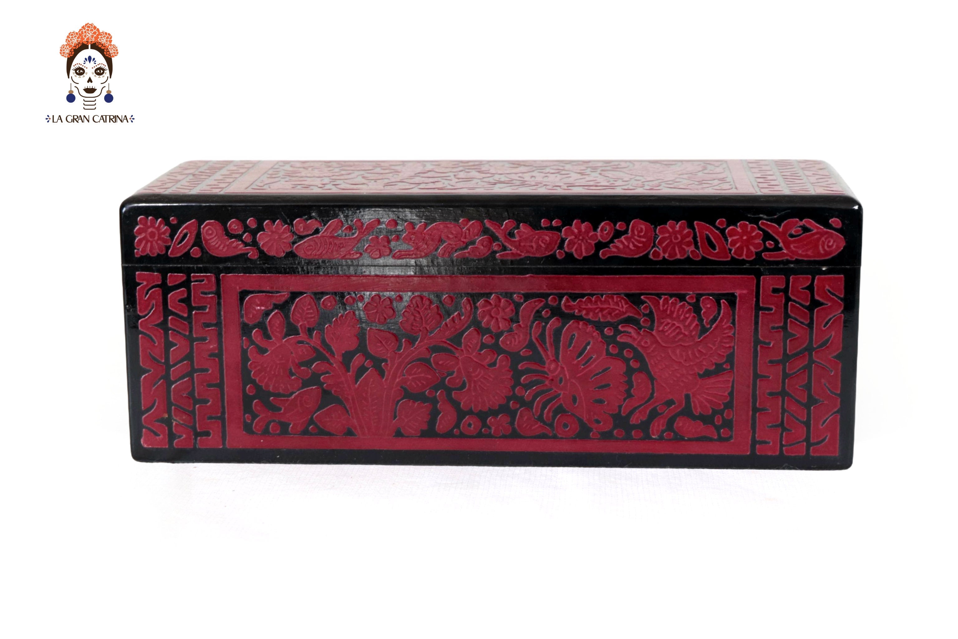 Red Olinalá Handcrafted Box with Traditional Floral Design - 12.9 in. Olinala