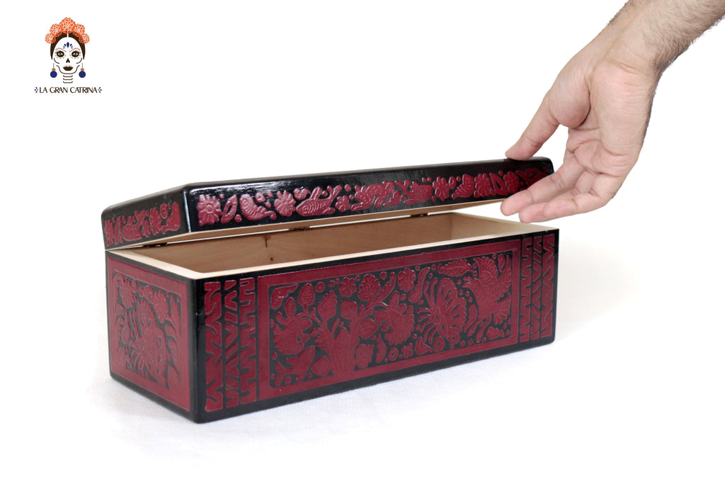 Red Olinalá Handcrafted Box with Traditional Floral Design - 12.9 in. Olinala