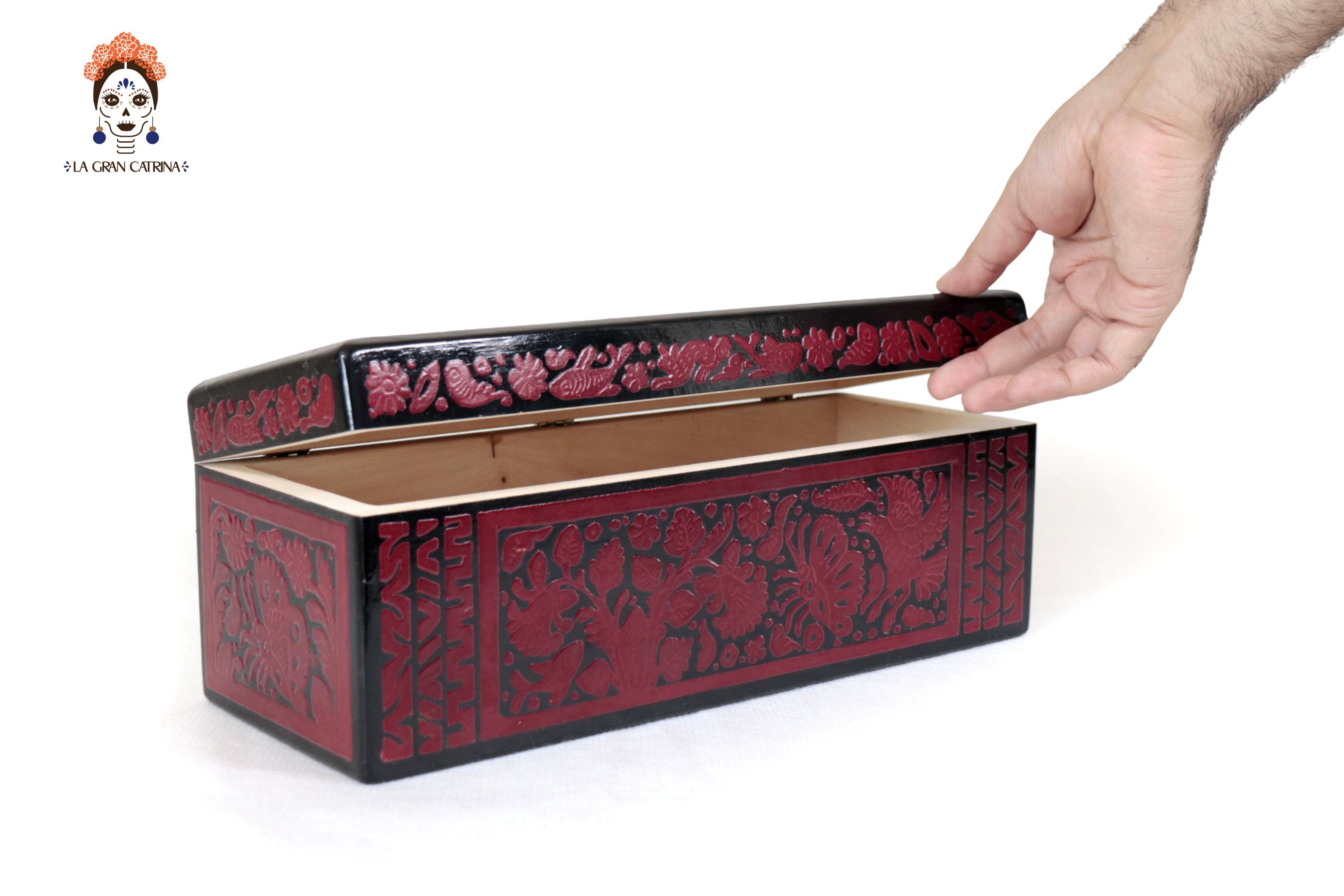 Red Olinalá Handcrafted Box with Traditional Floral Design - 12.9 in. Olinala